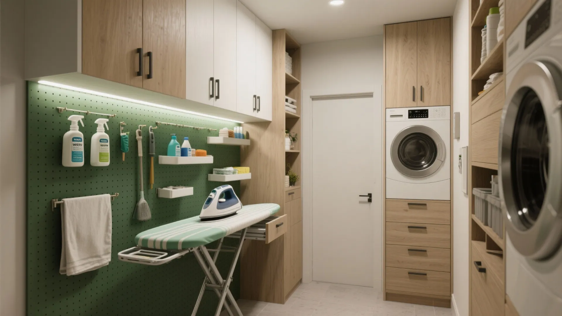 Laundry room with green pegboard wall wooden cabinets ironing board and a white washing machine