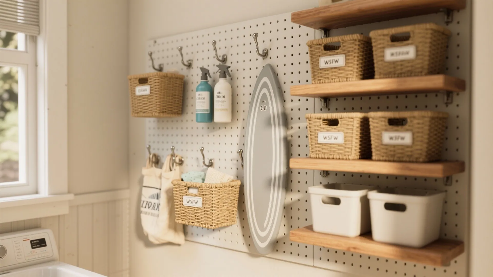 Laundry room wall storage board with hooks baskets and wooden shelves for organizing cleaning supplies