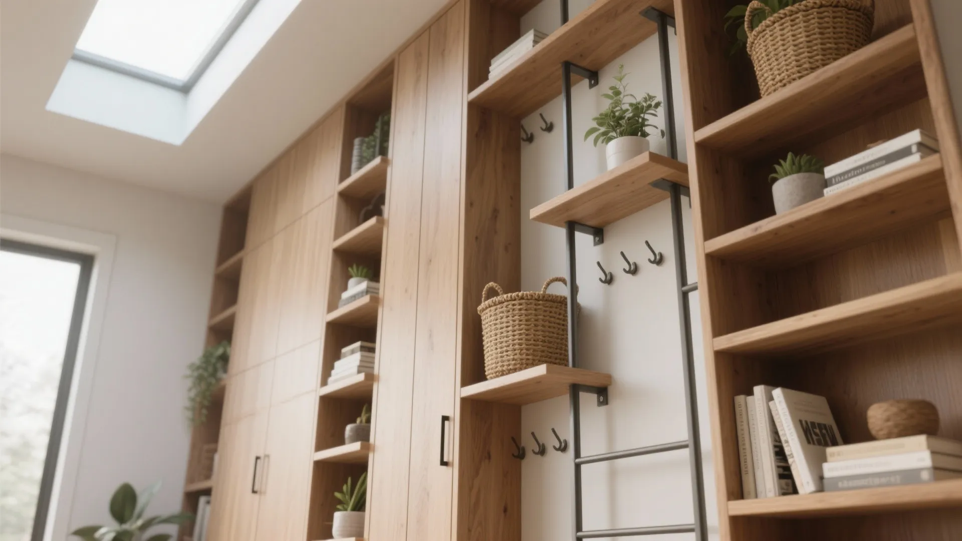 Custom wood shelving unit with cabinets, black hooks, small plants, books, and bright roof window