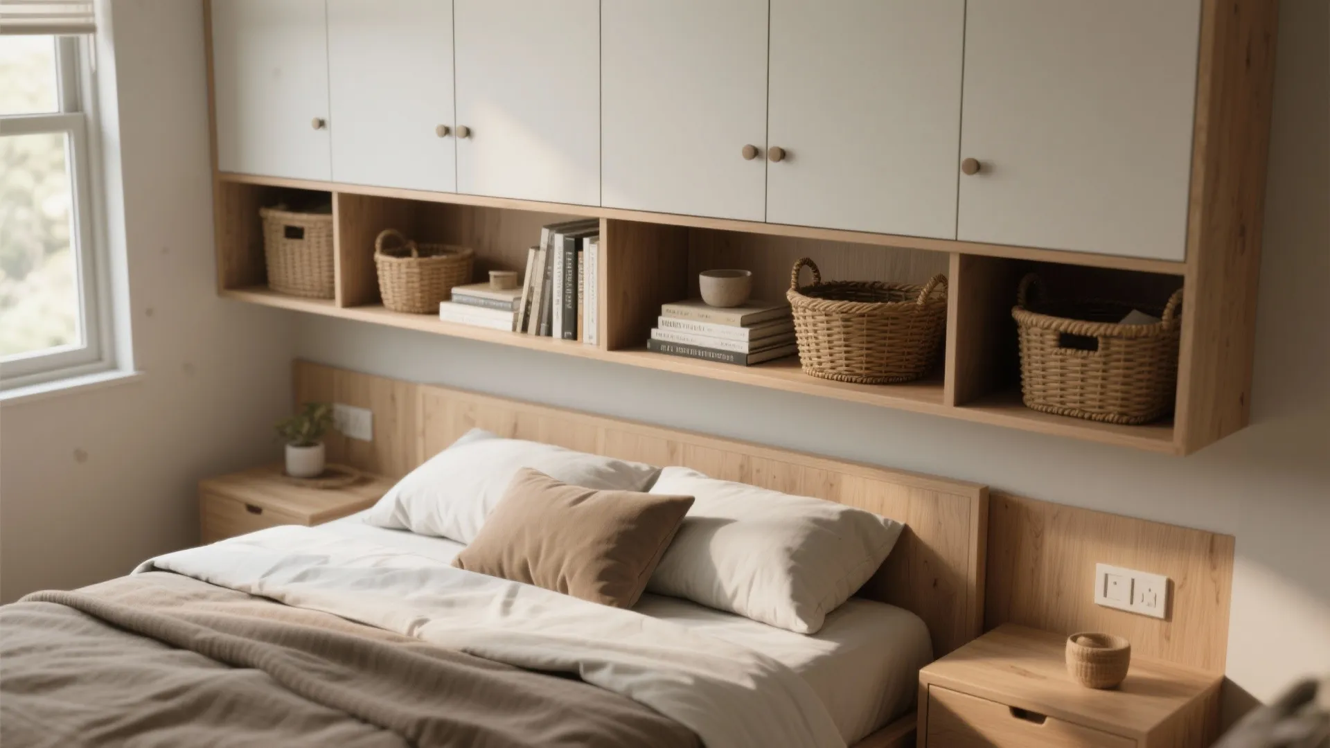 2. Use built-in vertical storage above the headboard