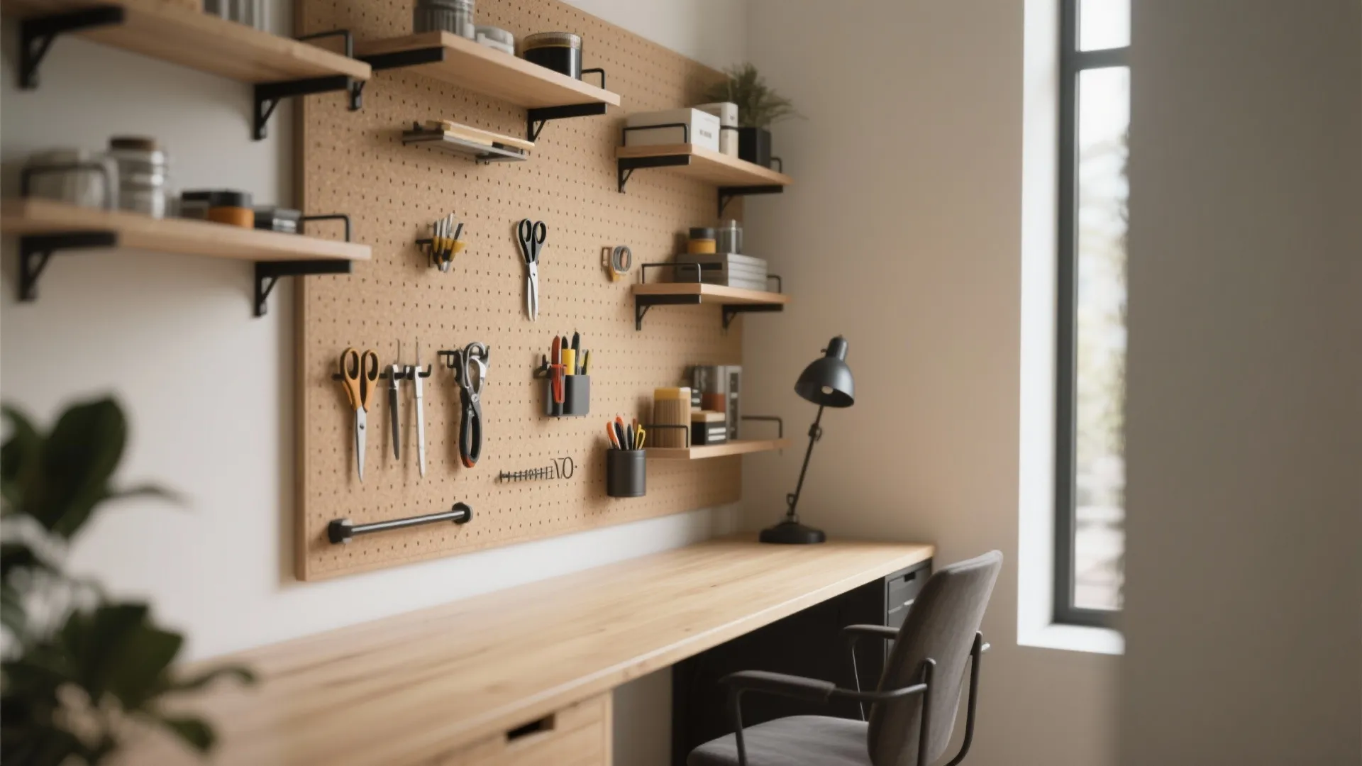 Home office workspace with large pegboard for tools and wooden shelves above a long desk