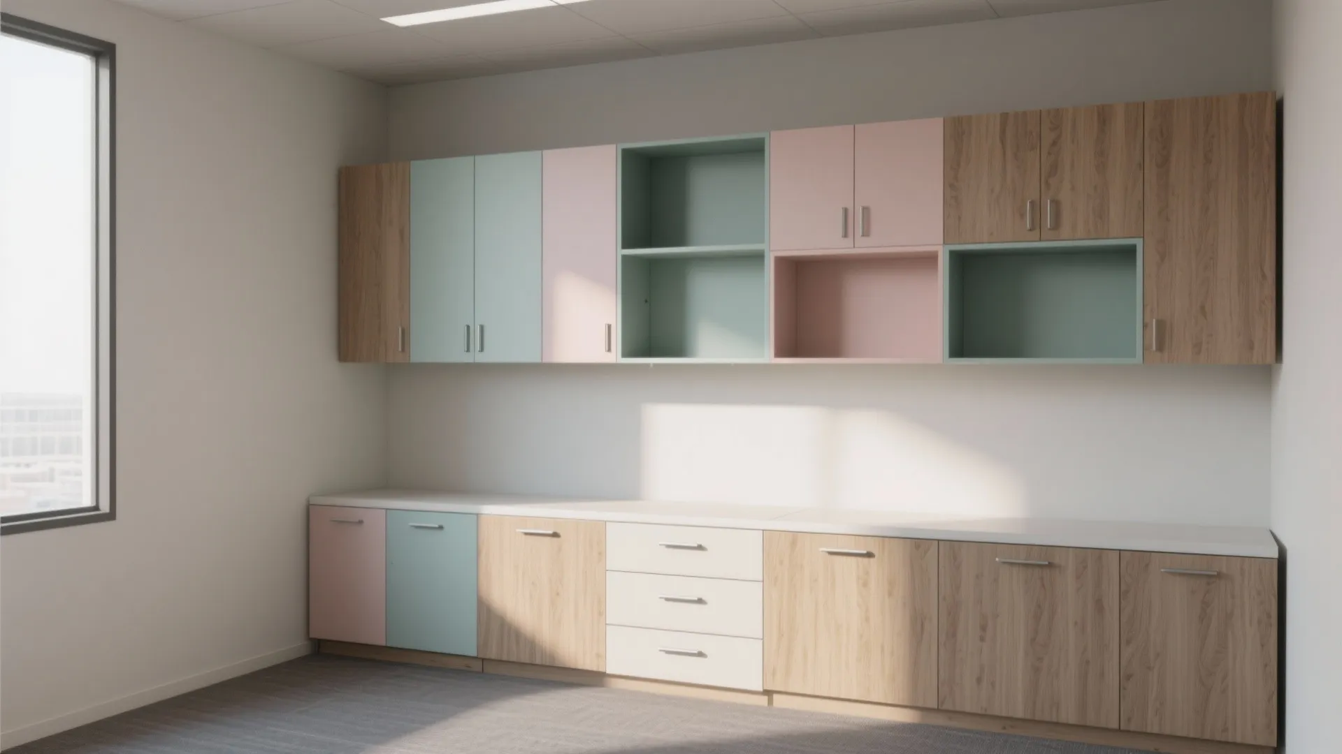 Office room wall with colorful pastel storage cabinet units and matching wood grain bottom cupboards