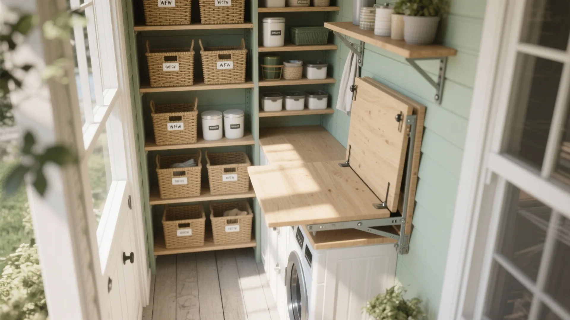 Small laundry room with green walls wooden shelves woven baskets and a fold down wooden table
