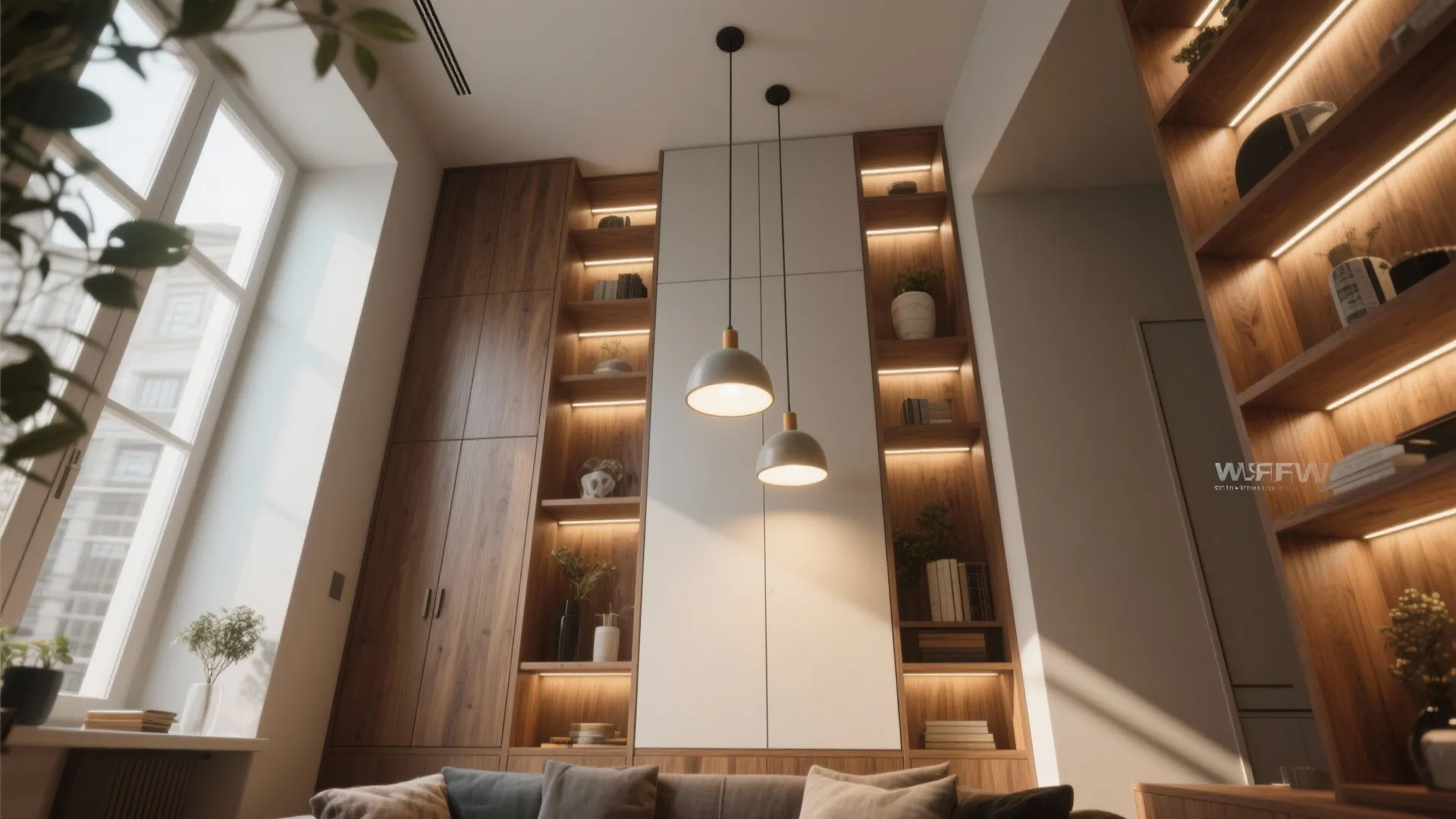 High ceiling living room with tall wood shelves, built-in lights and two hanging ceiling lights