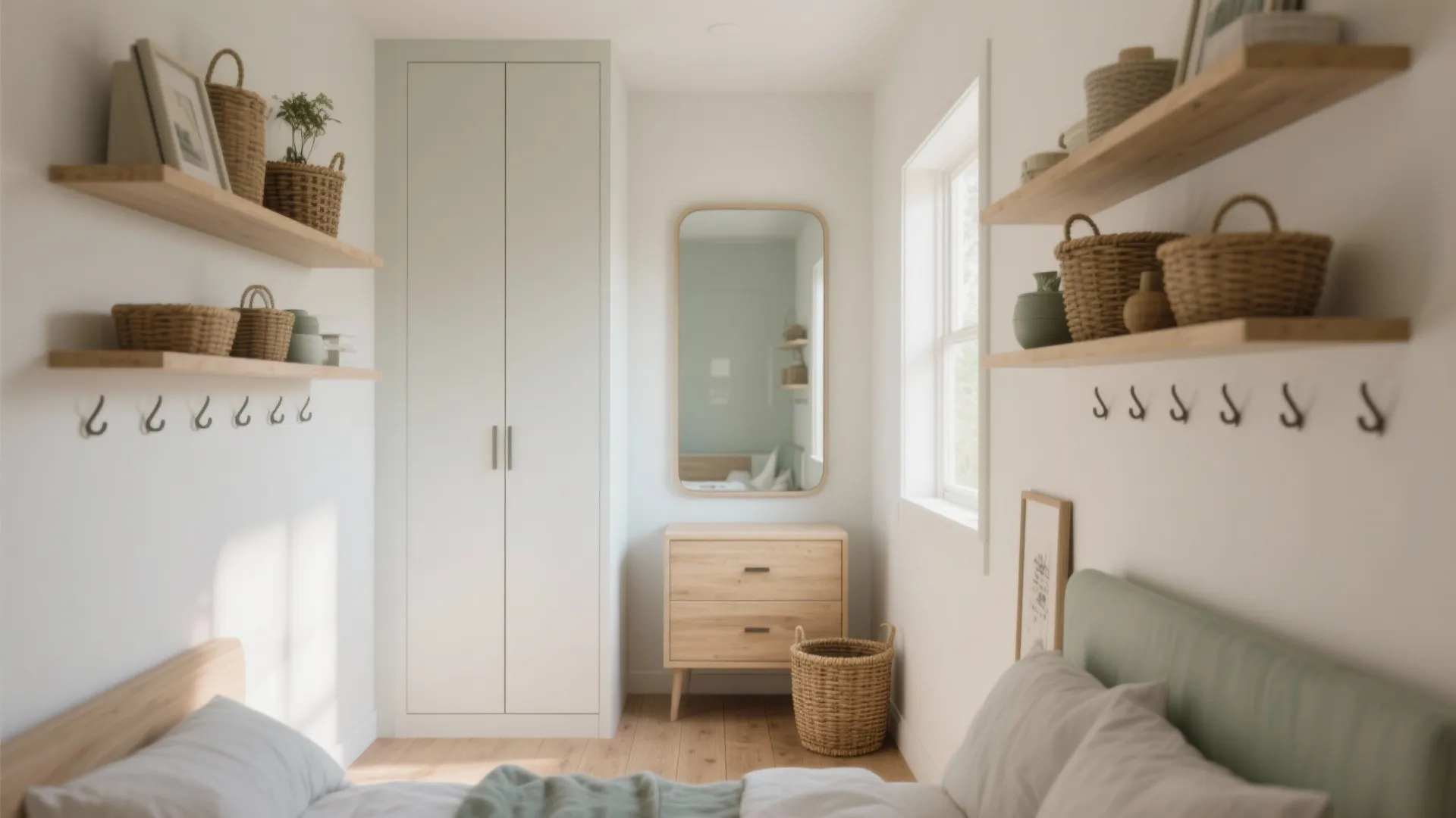 4. Use verticals—shelves, hooks, and mirrors