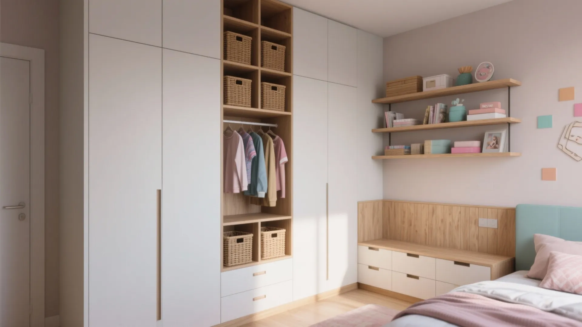 Modern white wardrobe with wood shelves and woven baskets next to a child bed area