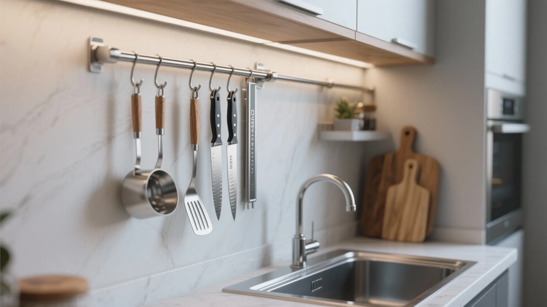 Vertical kitchen wall rail with hooks hanging metal pots, spatulas, and knives above a sink