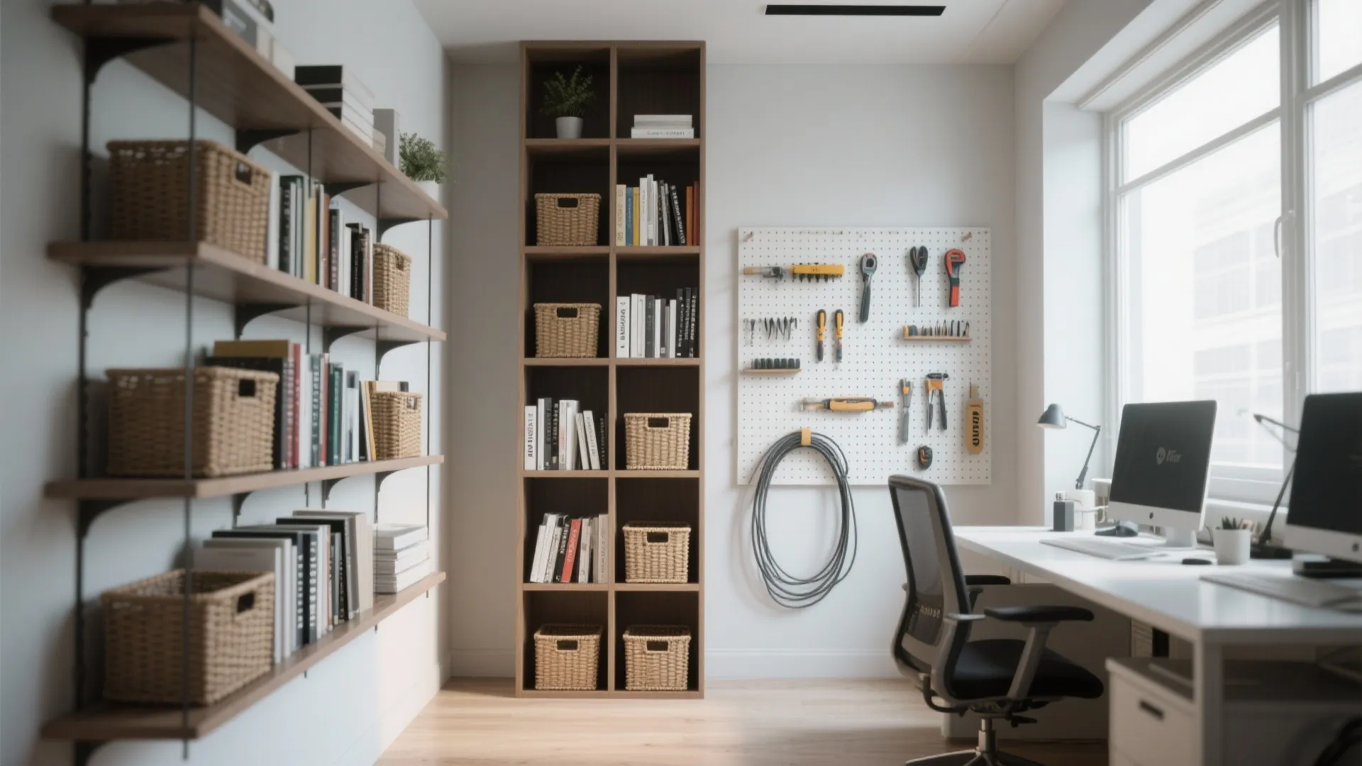 Home office with tall wooden bookshelves and white pegboard for tools next to white desk