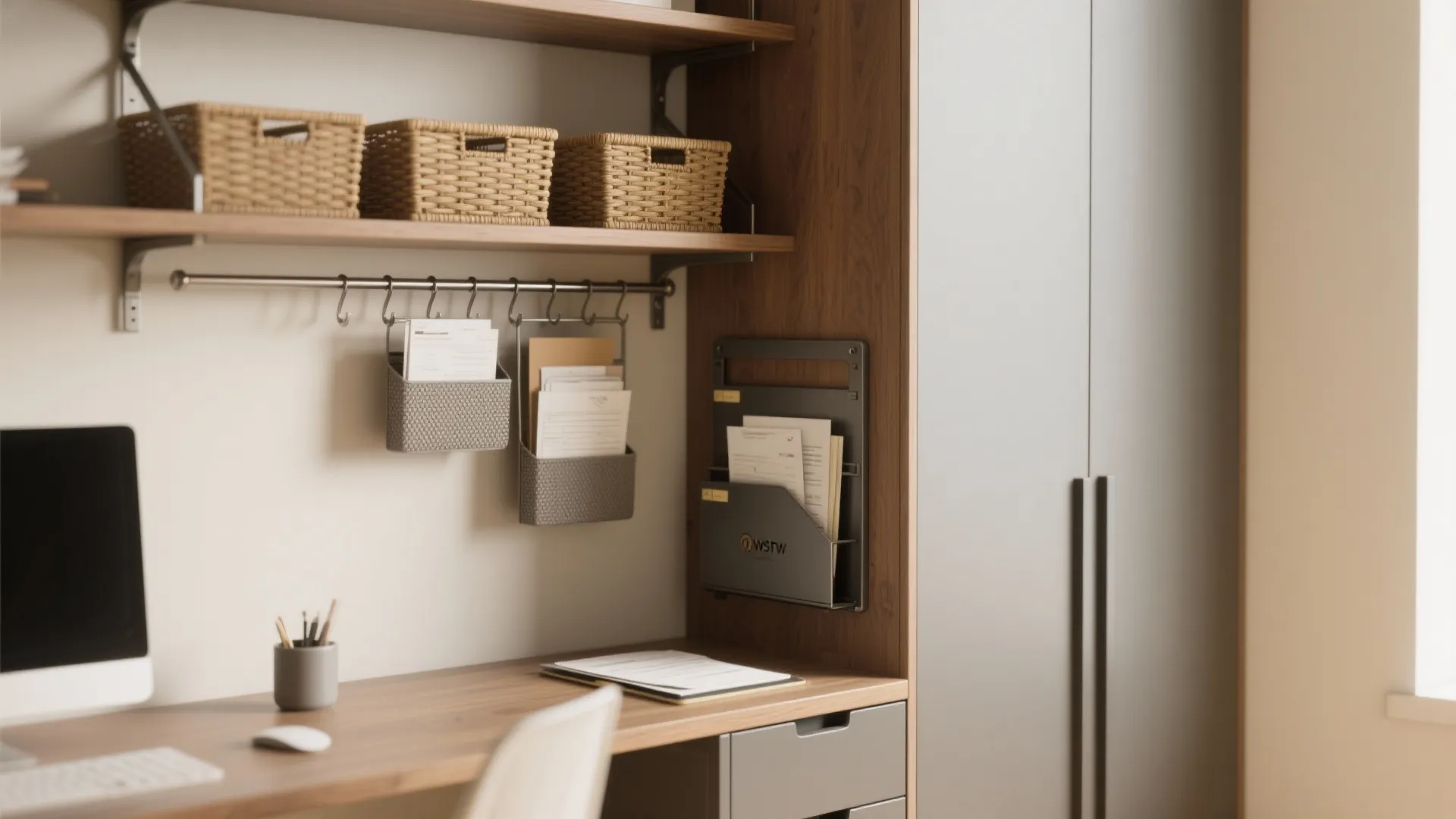 Close-up of tall narrow shelving with sliding baskets and a shallow rail above a desk for clutter-free storage.