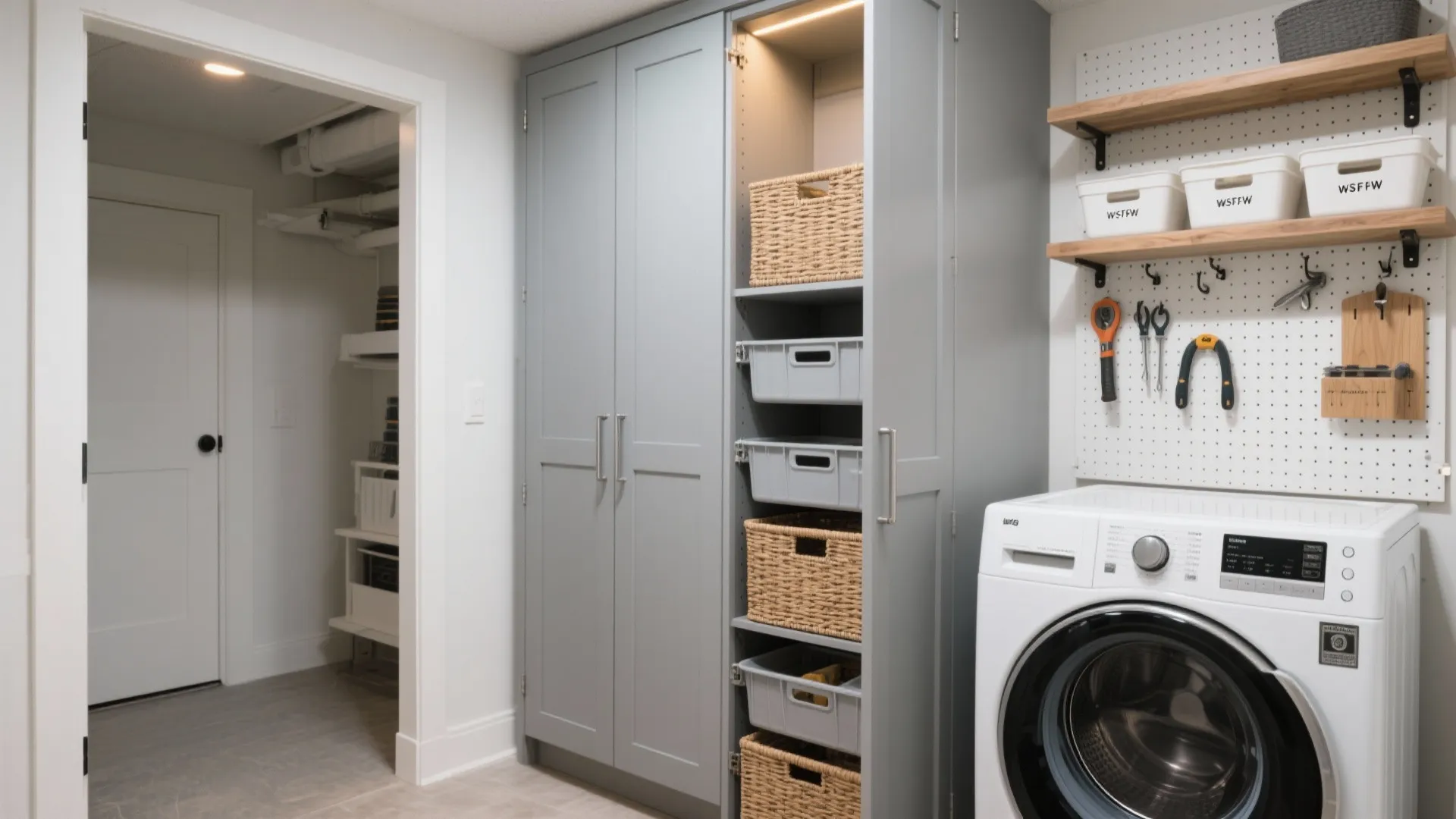 Tall grey storage cabinet with baskets next to a white washing machine and wall shelves