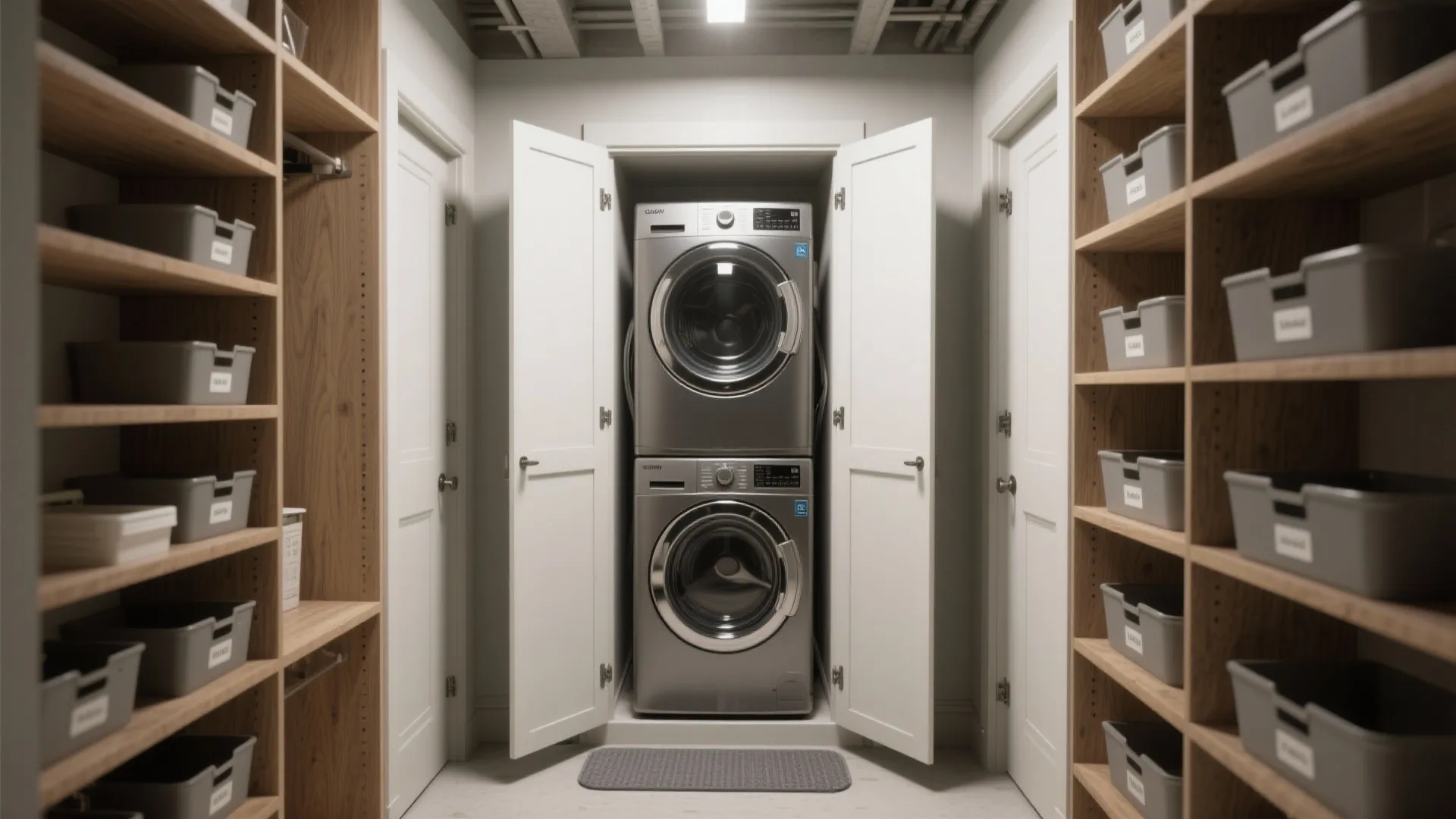 Stacked washing machine and dryer inside white closet surrounded by wooden shelves with gray bins