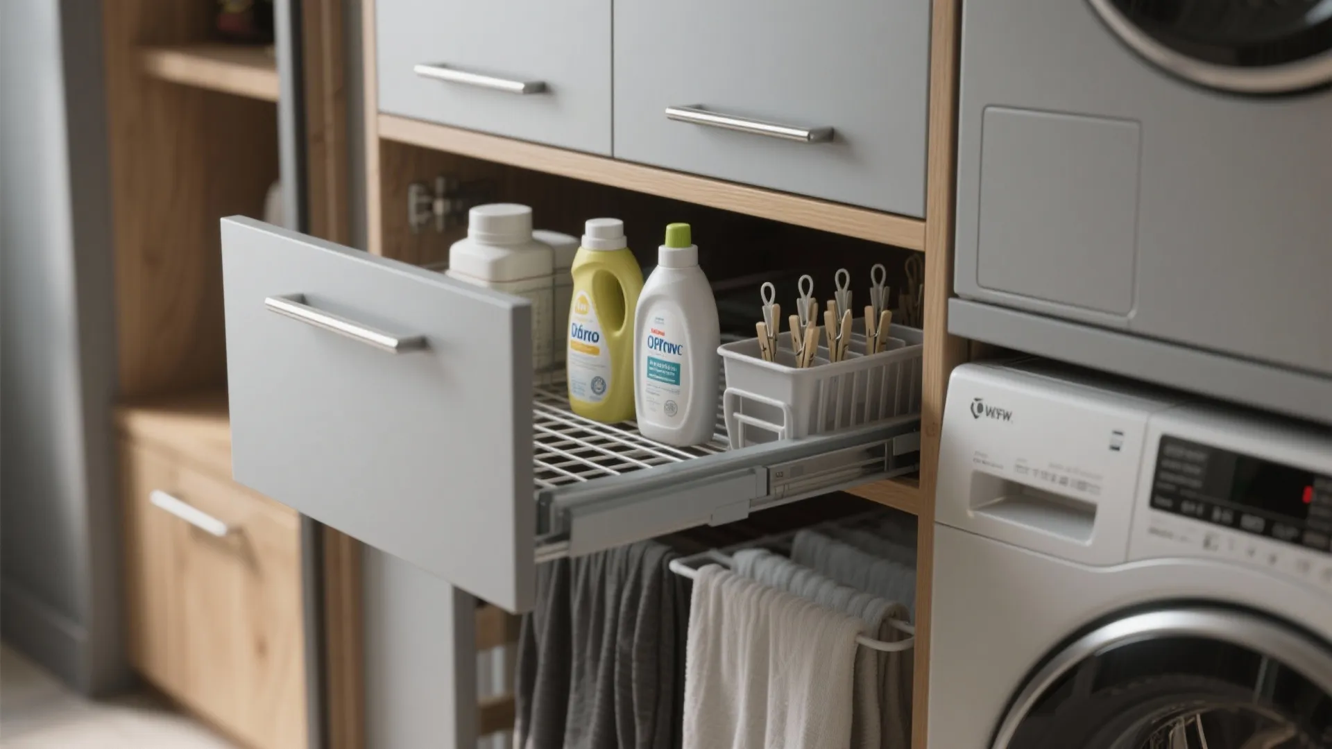Pull out drawer in wood cabinet holding laundry bottles next to silver washing machine units