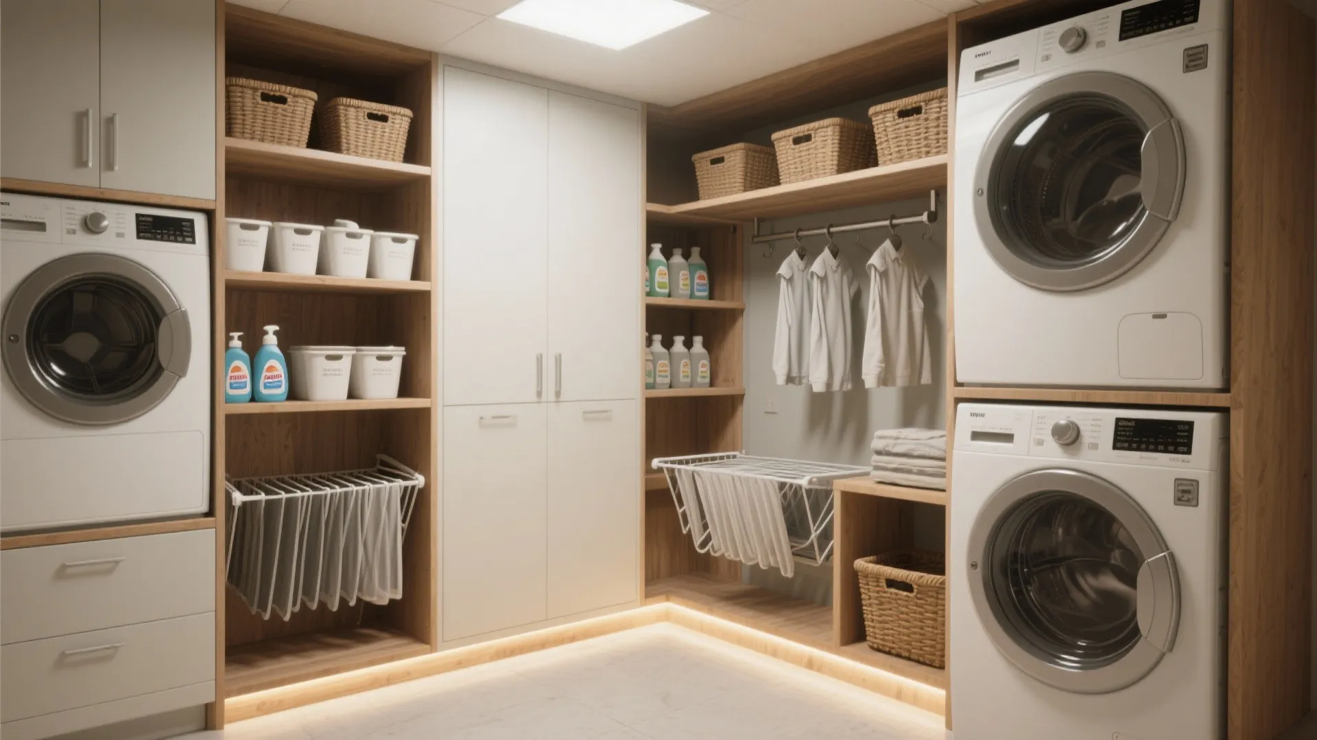 Basement laundry with tall open shelving, fold-down drying racks, and stacked storage over machines for efficient vertical organization.