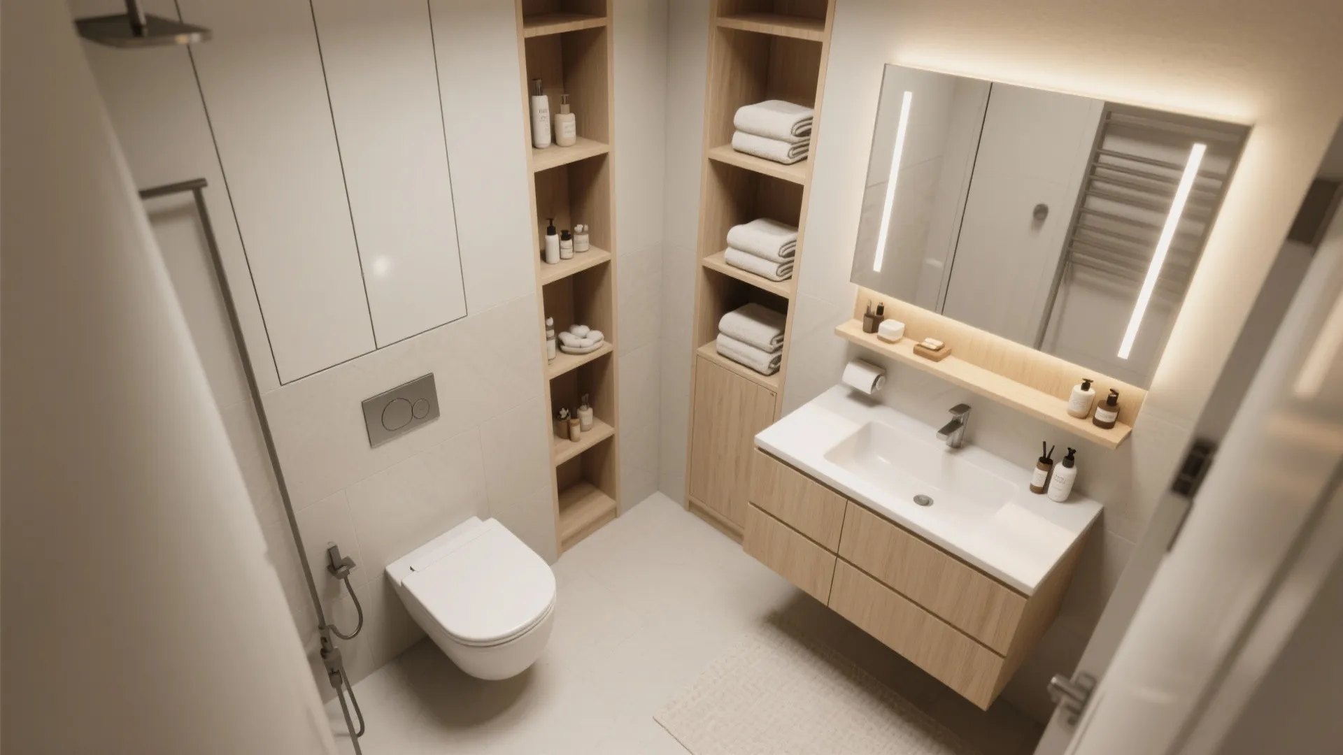 Small bathroom layout with wooden wall shelves white toilet sink and mirror with light fixture
