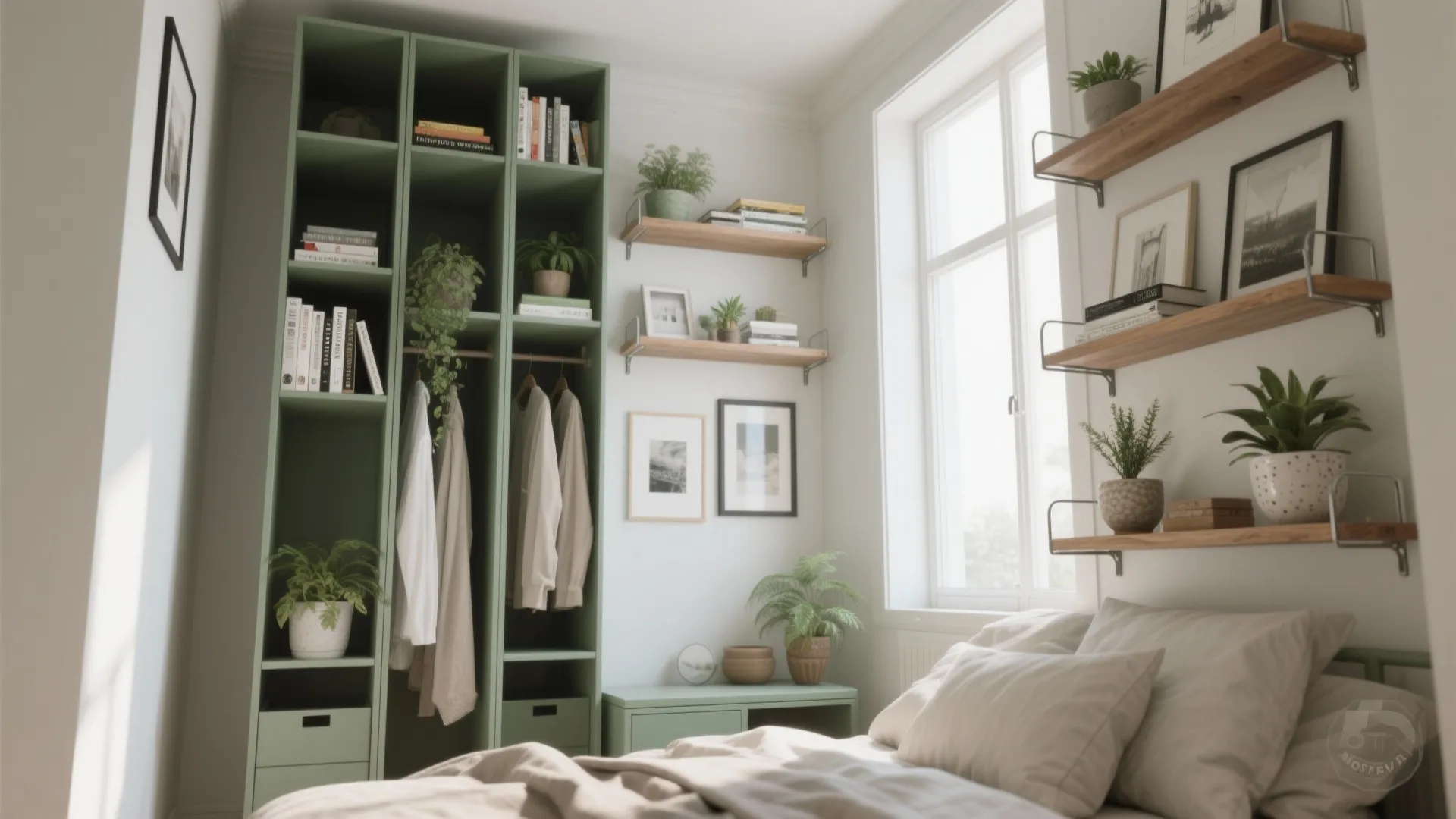 Small bedroom with green open cabinet wall shelves green plants and a white window view