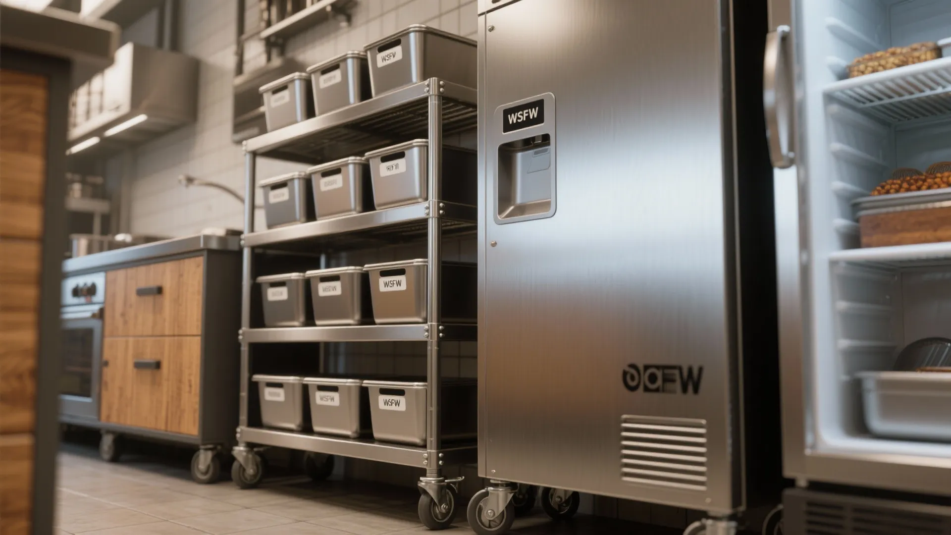 Close-up of stacked shelving, wall-mounted refrigeration, and casters on mobile carts in a small kitchen.