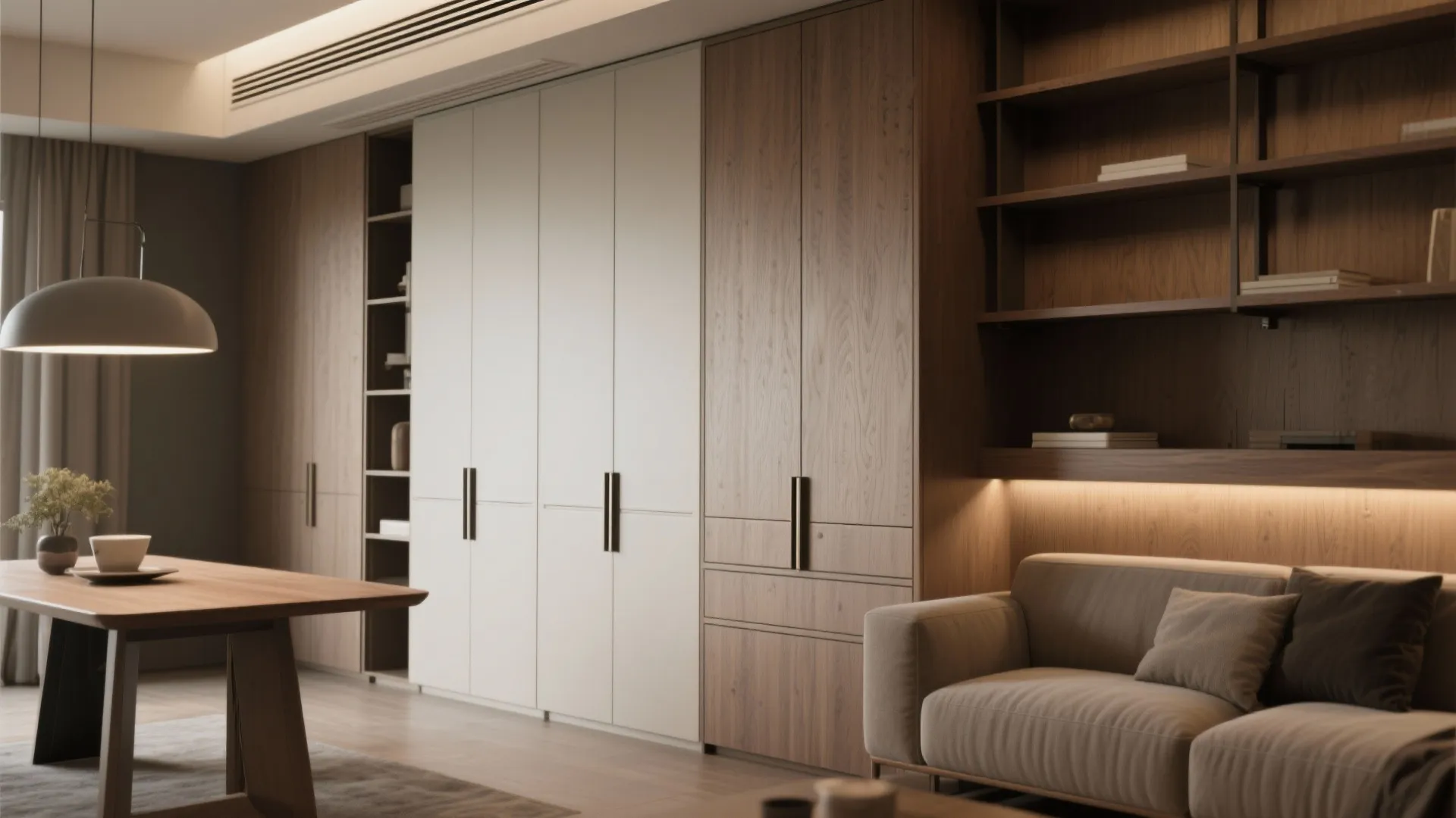 Modern living room with wood cabinet, white closet, light sofa, ceiling light, and wooden table