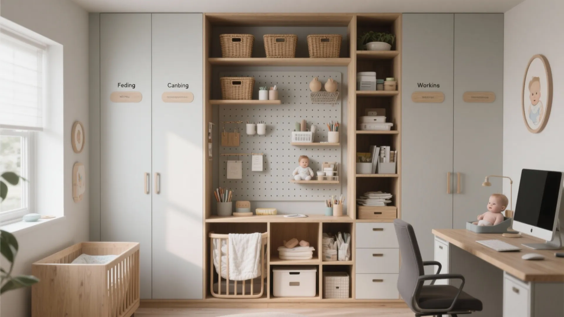 Modern nursery room with wooden storage unit pegboard desk baby bed and white wall cabinets
