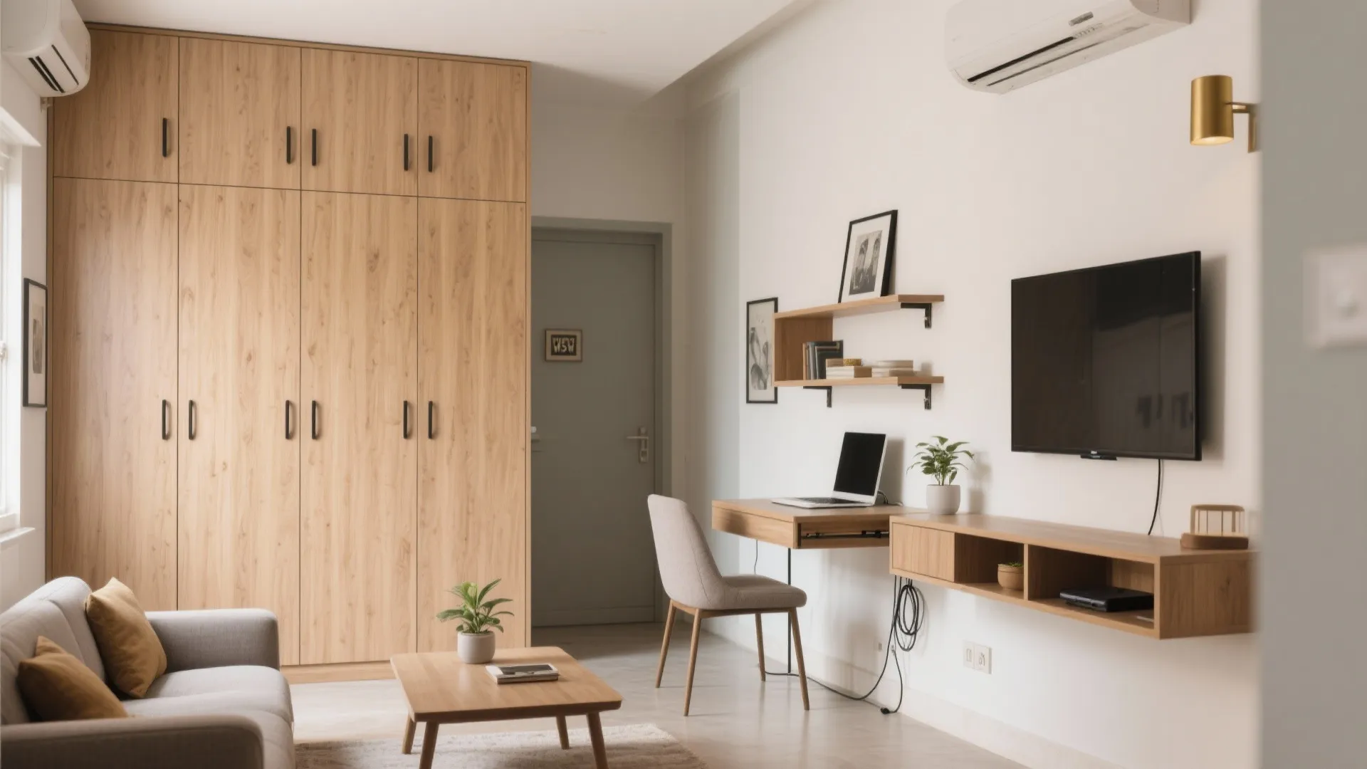 Minimalist vertical storage and a fold-away dining