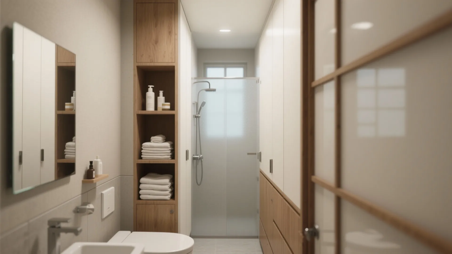 Narrow bathroom interior with tall slim cabinetry, recessed niches and stacked linen storage maximizing vertical space.