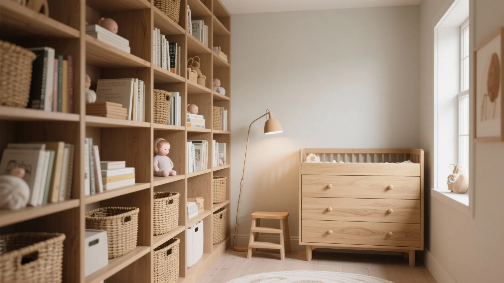 Small nursery interior showing floor-to-ceiling shelves, wall-mounted lamp, and a narrow tall dresser with a step stool.