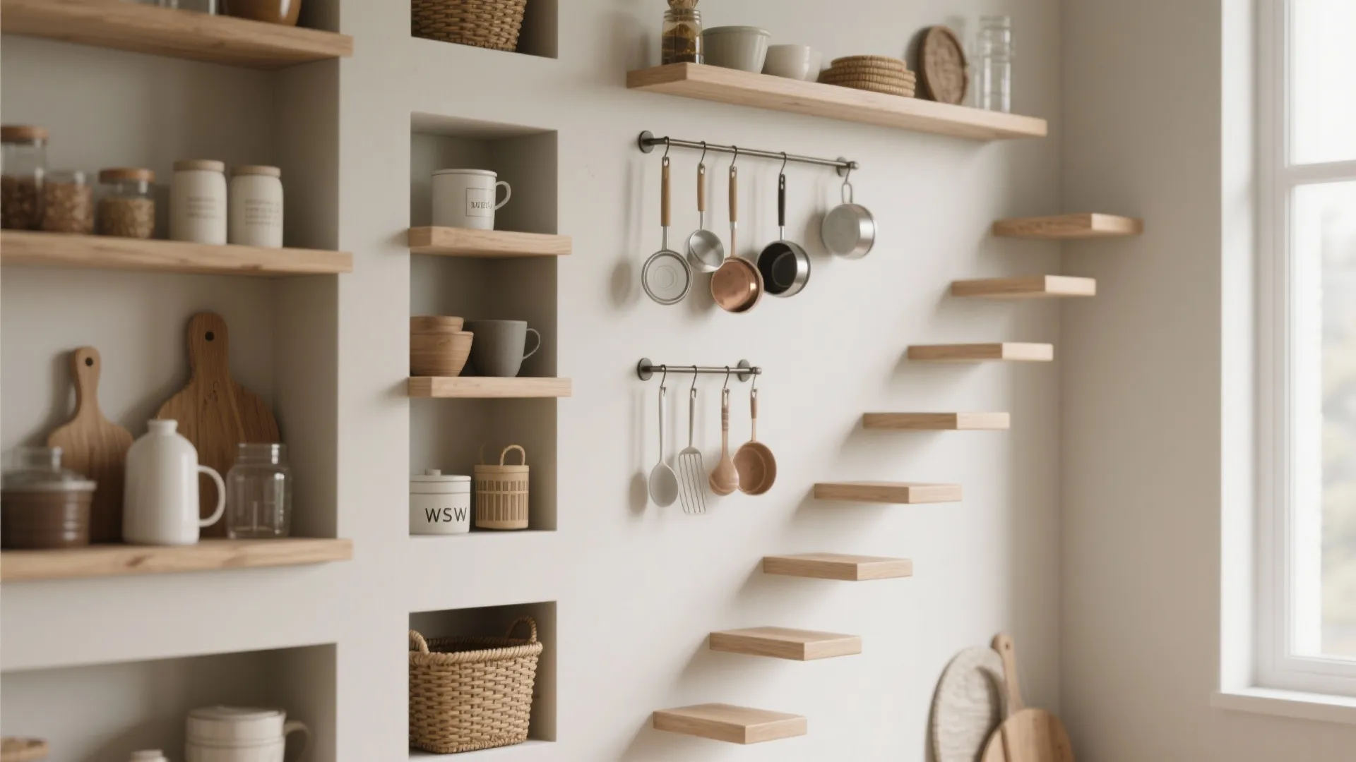 Minimalist kitchen wall with wooden shelves hanging pots pans and built in storage for kitchen supplies