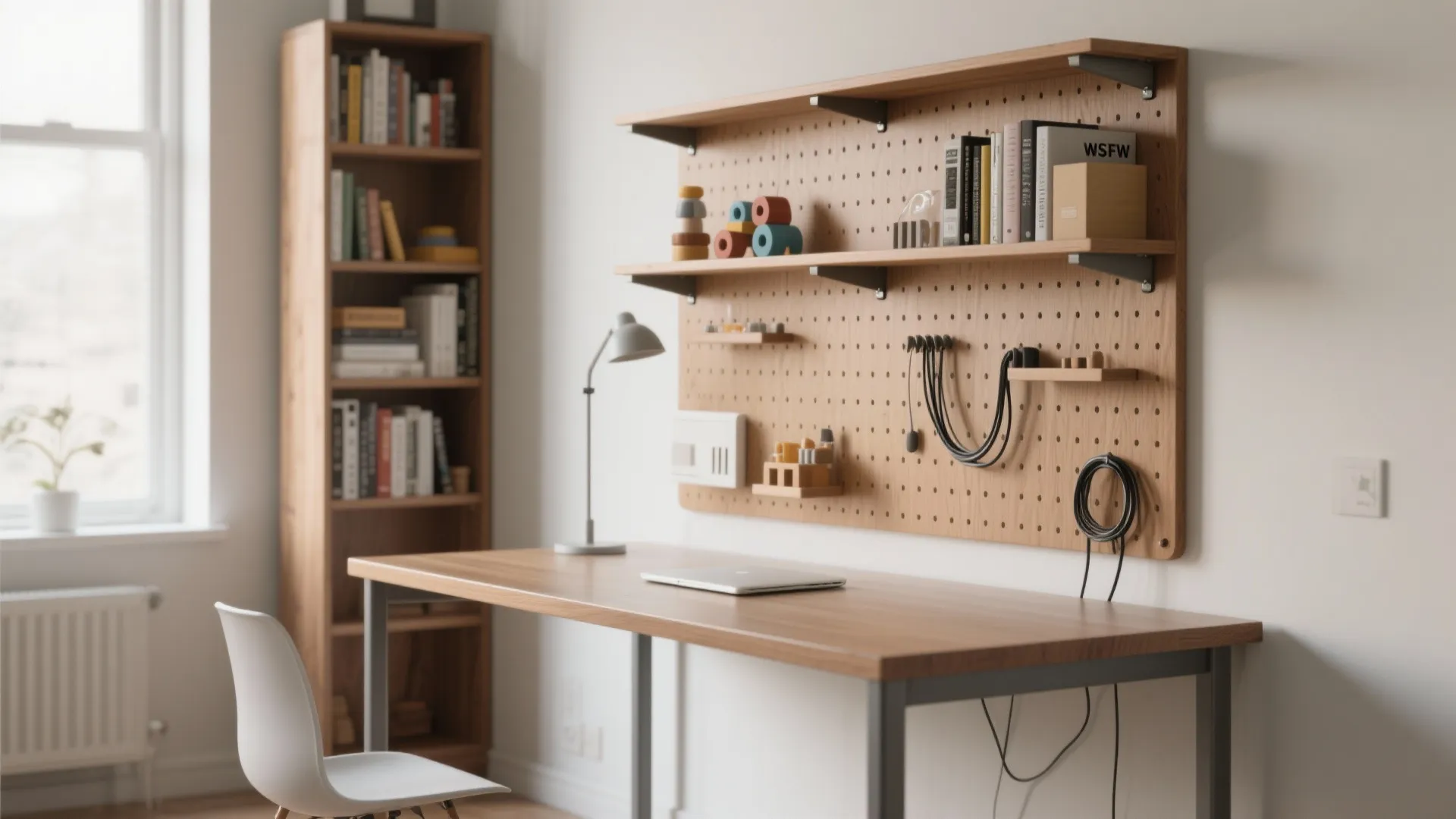 5. Slim desk paired with vertical storage tower