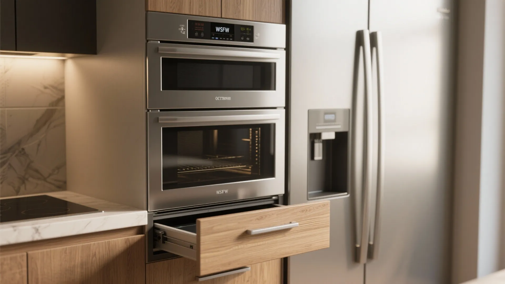 Built in double oven and microwave unit with open wood drawer next to silver refrigerator