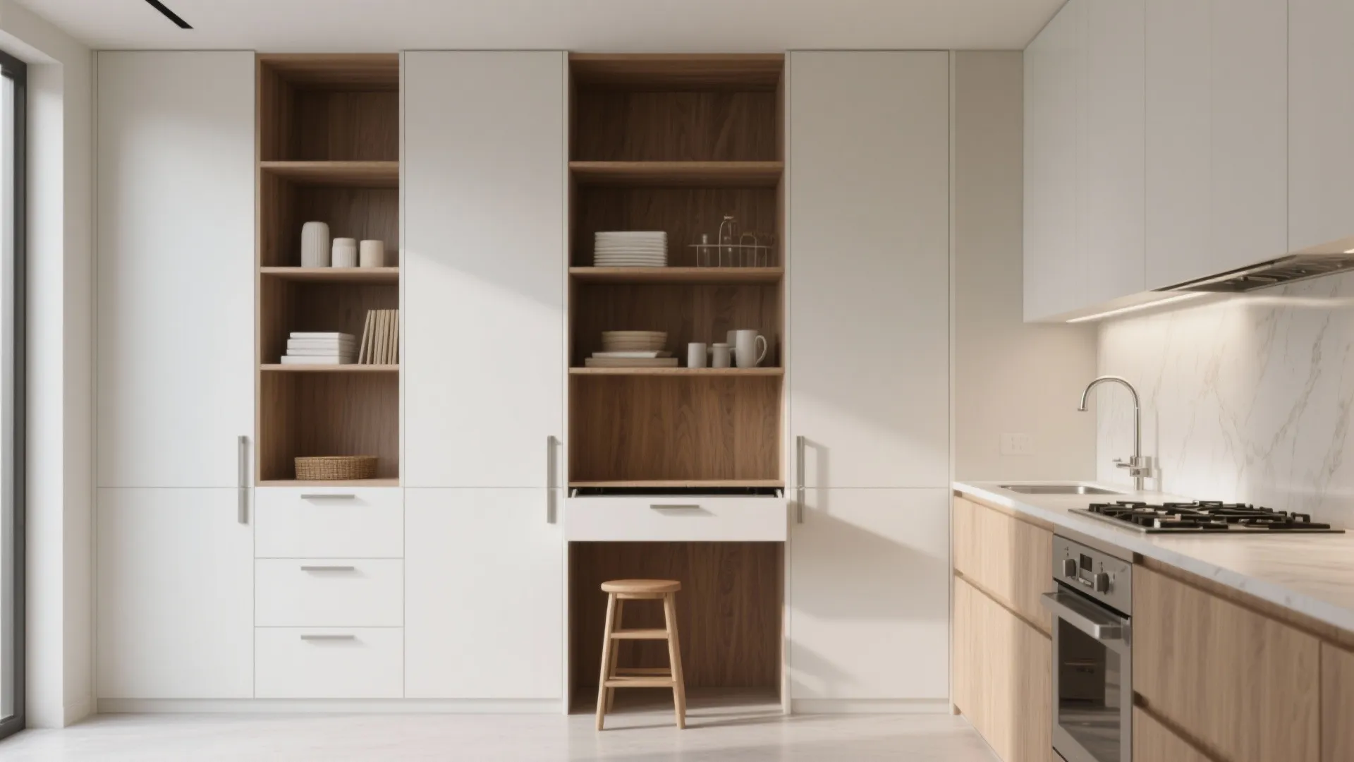 Modern kitchen with floor to ceiling white cabinets and wood shelves featuring a small stool