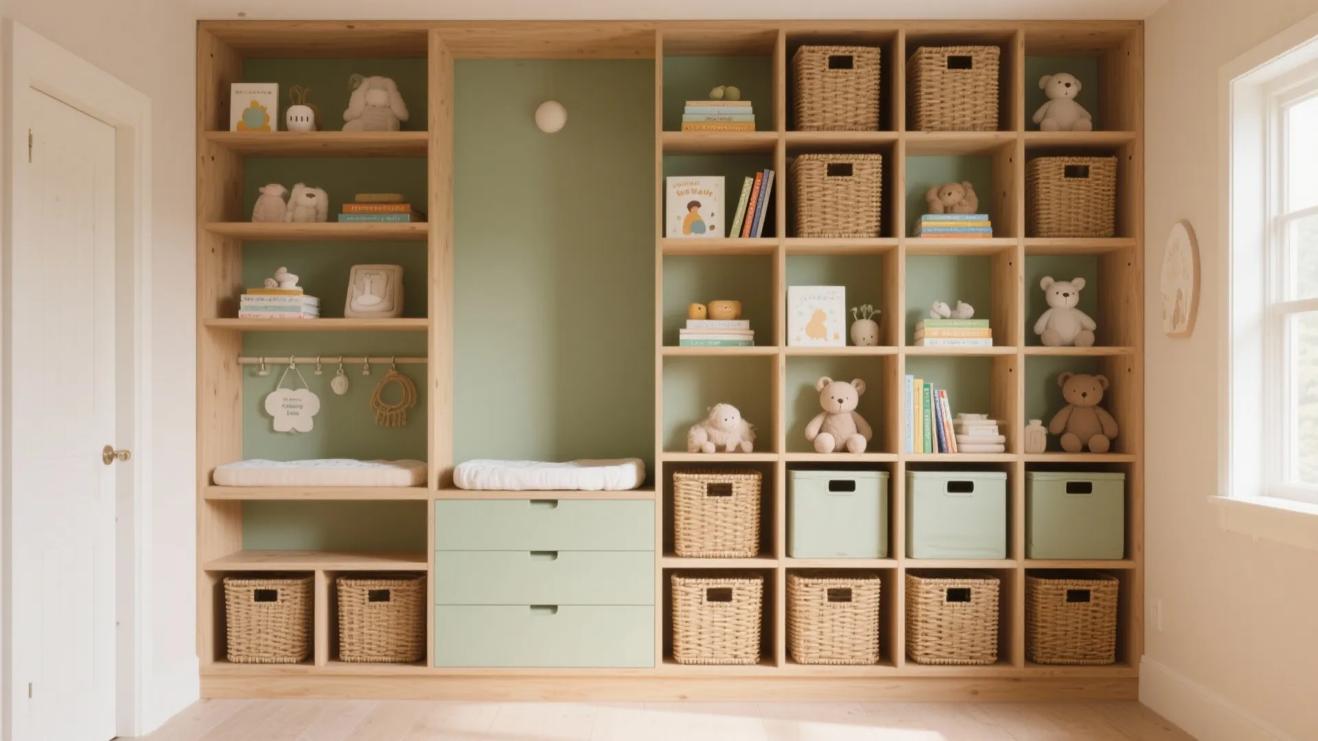 Large wooden shelving unit with baskets toys and books in a modern green nursery room