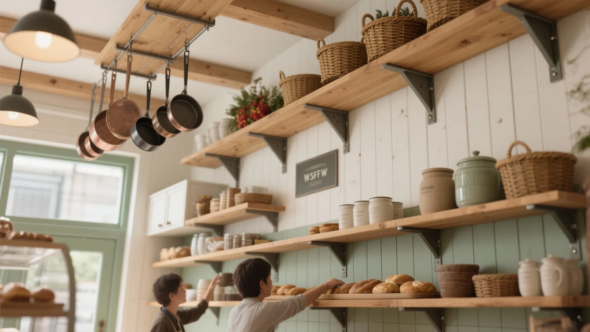 People reaching for bread on wooden shelves with baskets and pots in a bright bakery