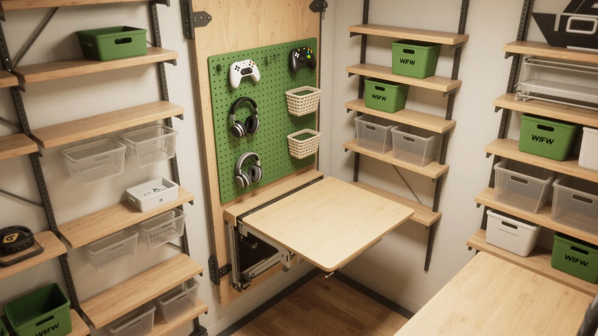 Vertical floor-to-ceiling shelving with a drop-down table and pegboard for controllers, shown in a small room layout.