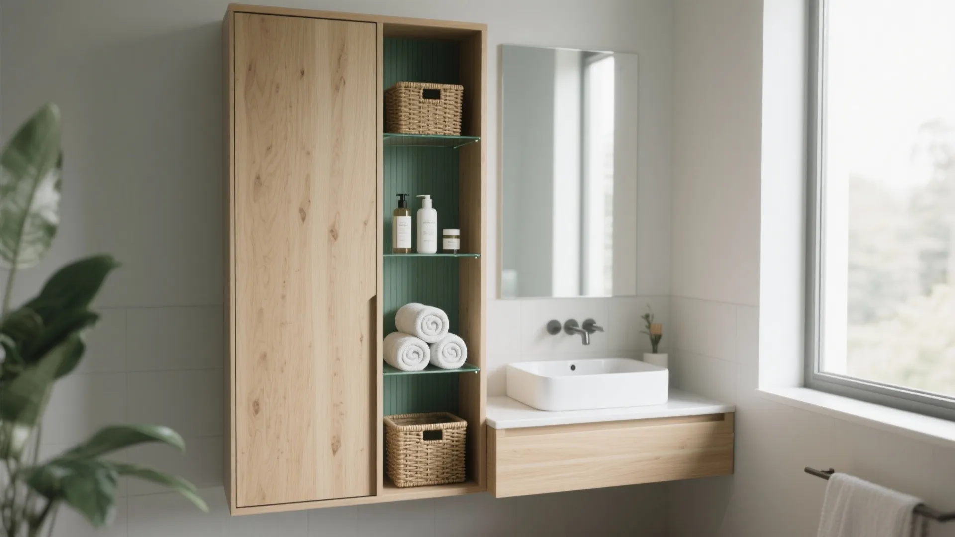 Light wood wall cabinet with open shelves for towels and baskets next to bathroom wall mirror