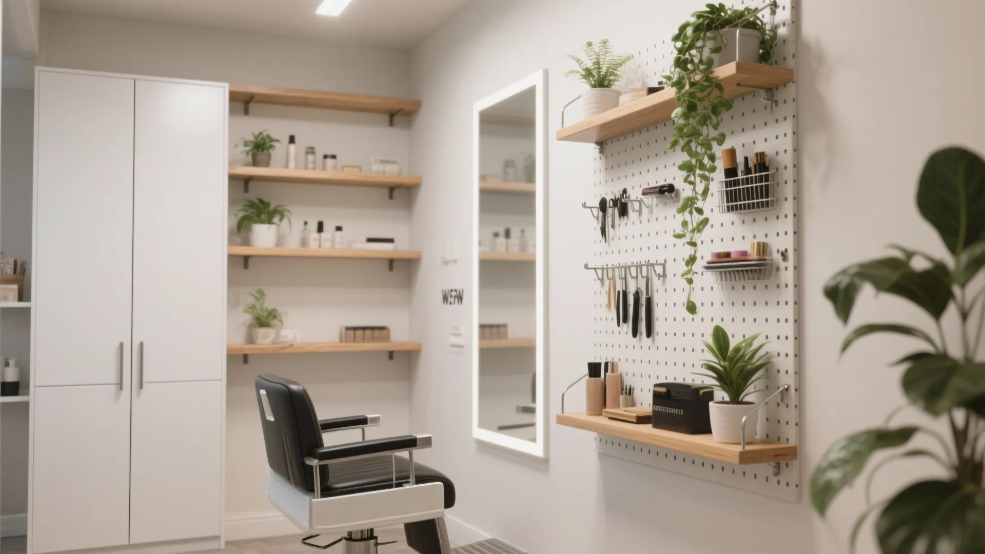 White wall storage with pegboard wooden shelves black chair mirror and green plants in a room