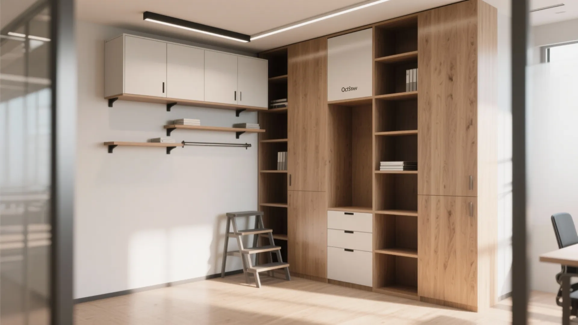 Small office corner with floor-to-ceiling shelving, wall cabinets and an overhead rail to maximize floor space.