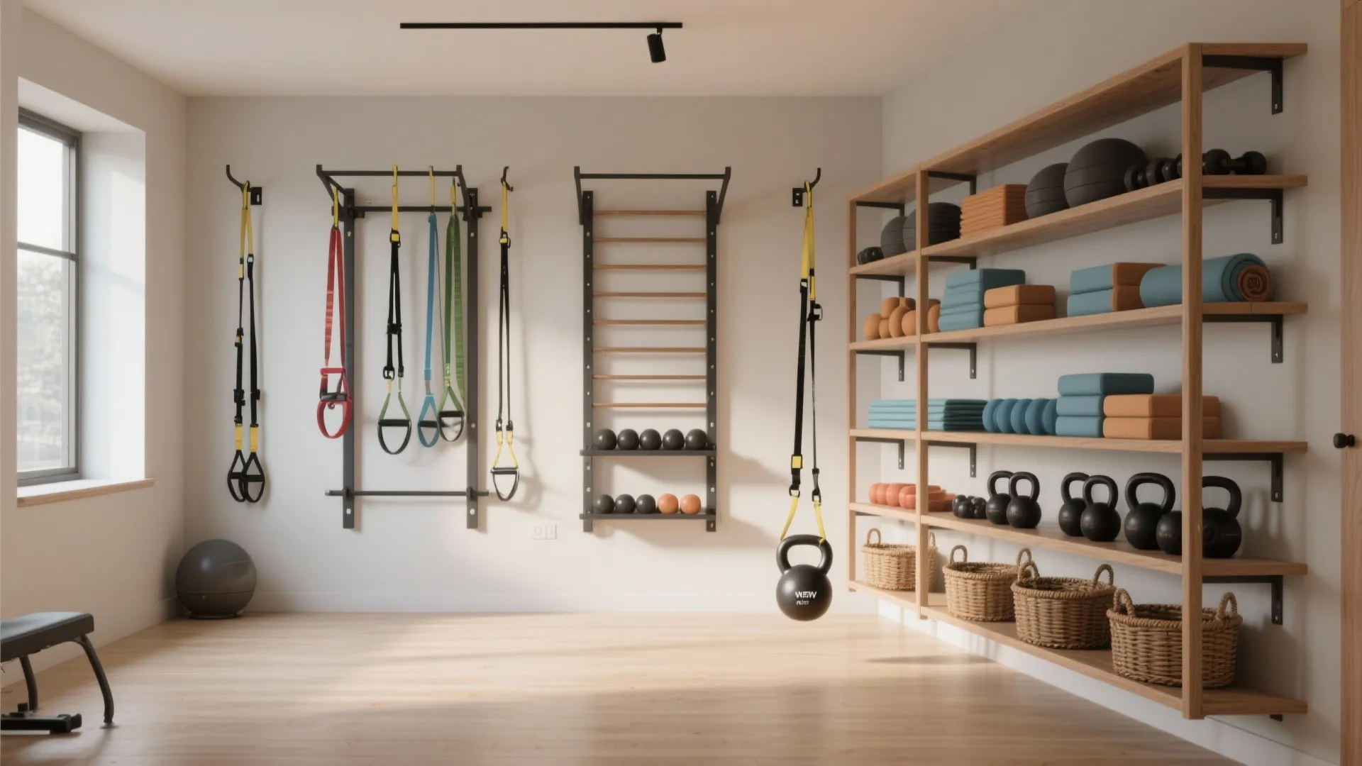 Wall mounted wooden shelves and metal racks holding gym equipment like kettlebells and yoga mats clearly