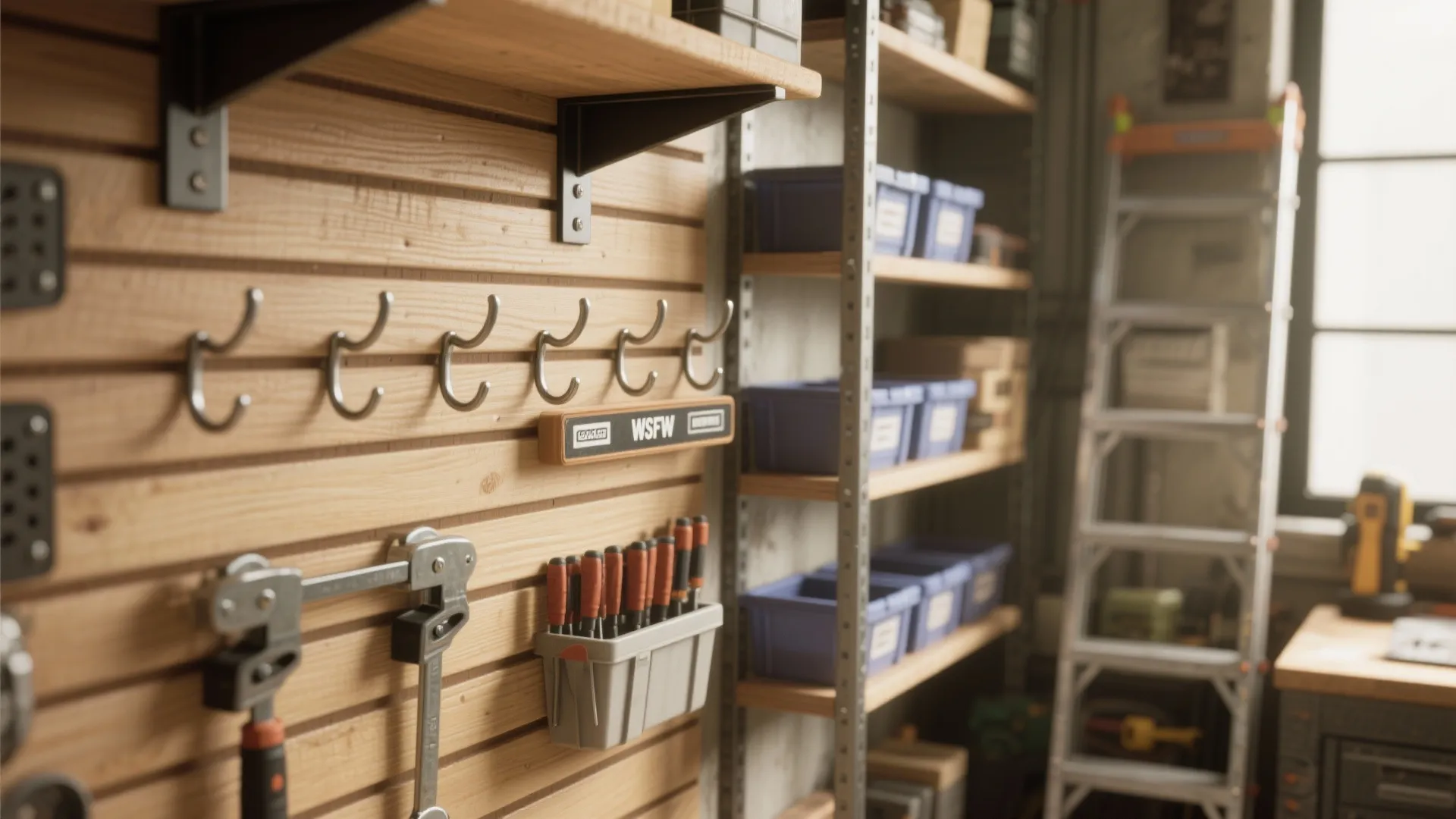 Garage storage wall with metal hooks wood shelves blue plastic bins tools and a ladder