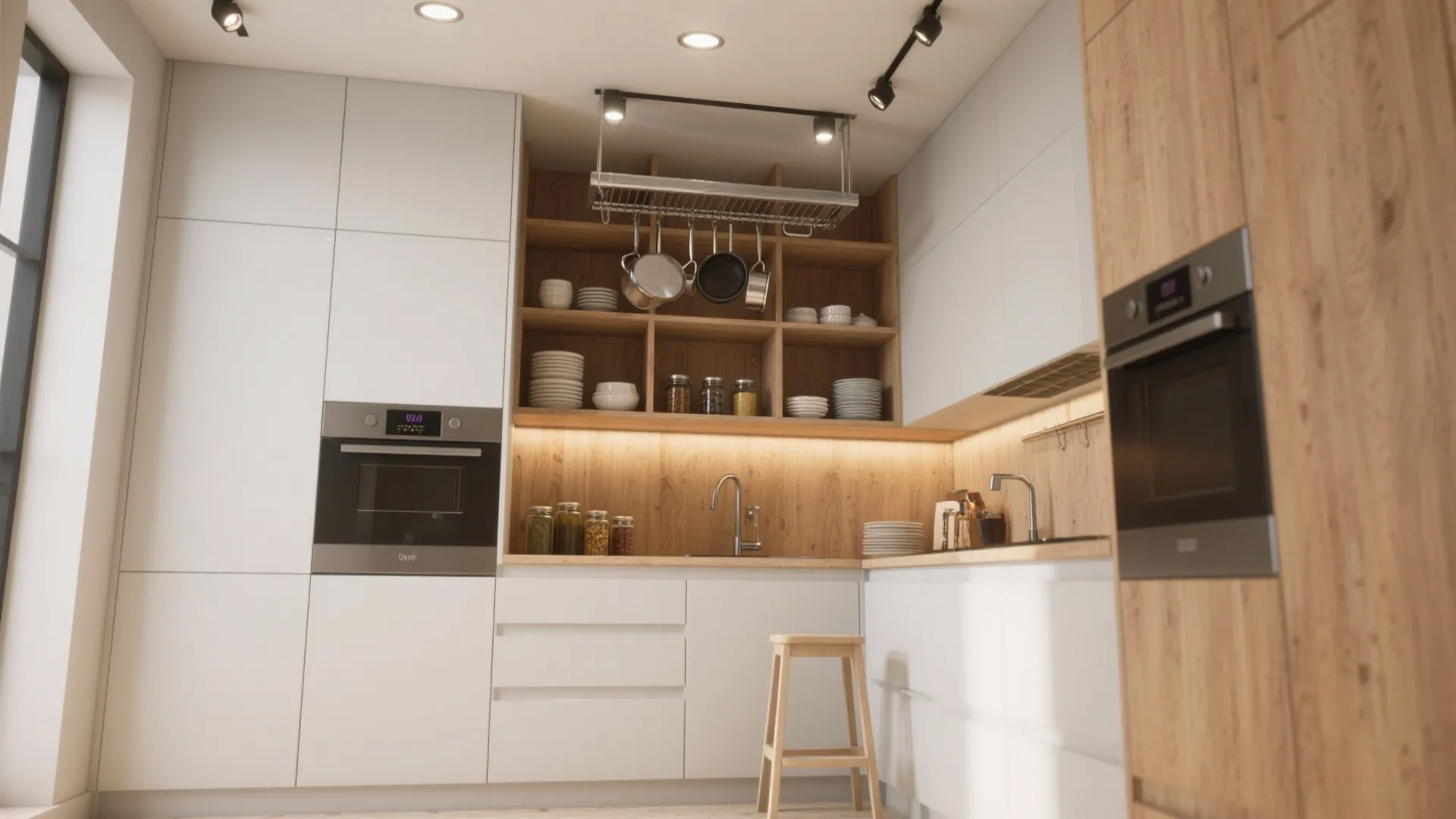 2. Go vertical: stacked storage and open shelves