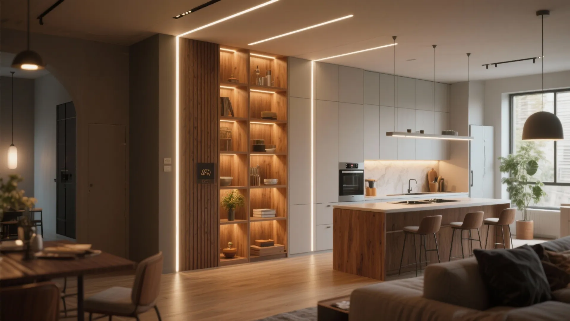 Modern open kitchen with wood vertical storage shelves and bright ceiling light strips on walls