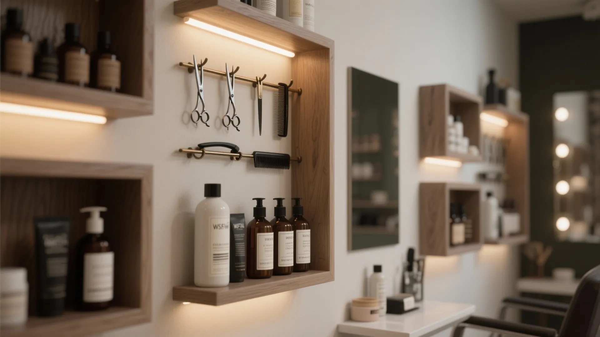 Floating shelves and wall niches with under-shelf lighting displaying salon products and tools in a tidy vertical arrangement.