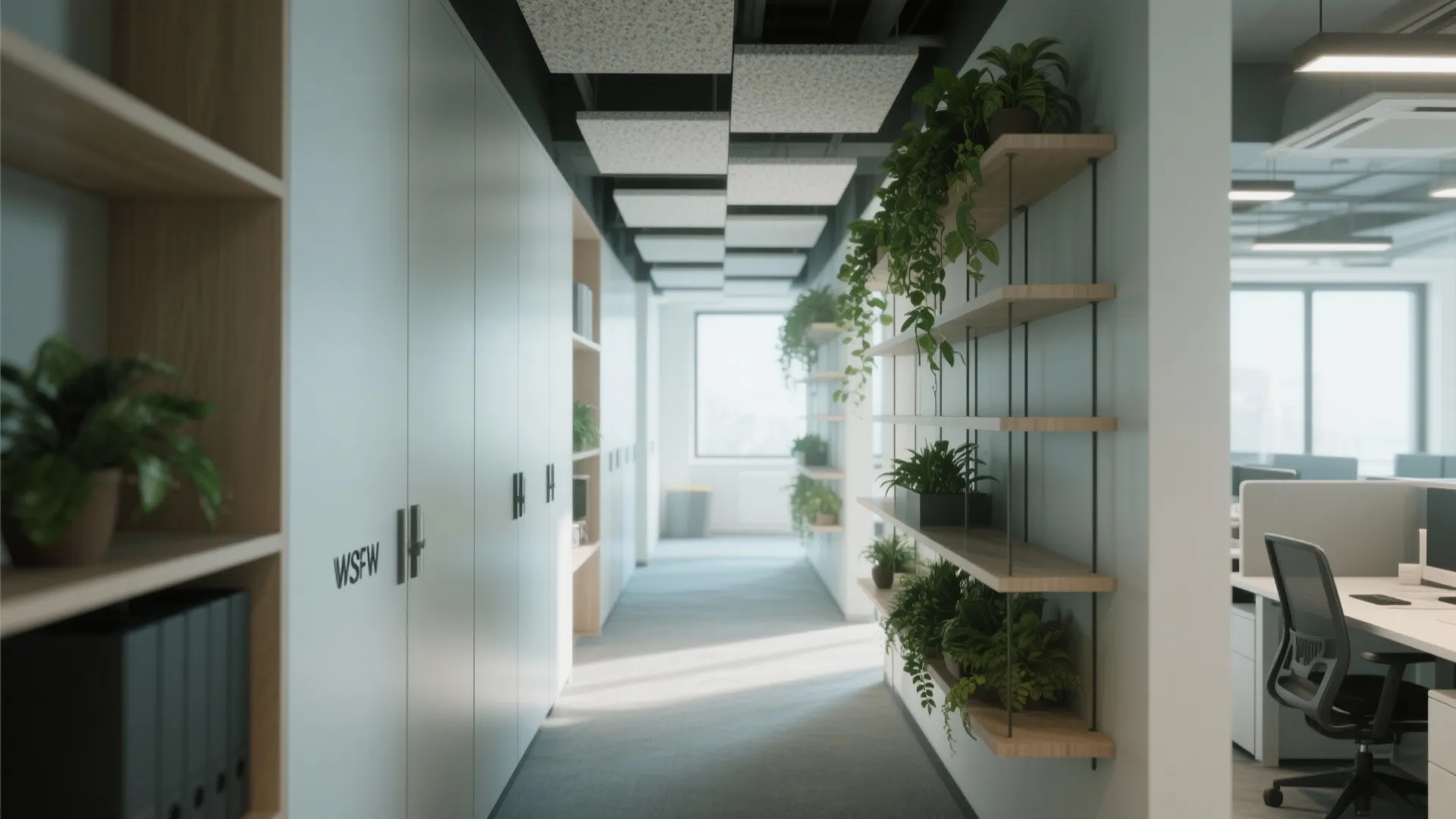 Vertical storage in a compact office with tall cabinets, hanging planters and acoustic panels to maximise space and control sound.