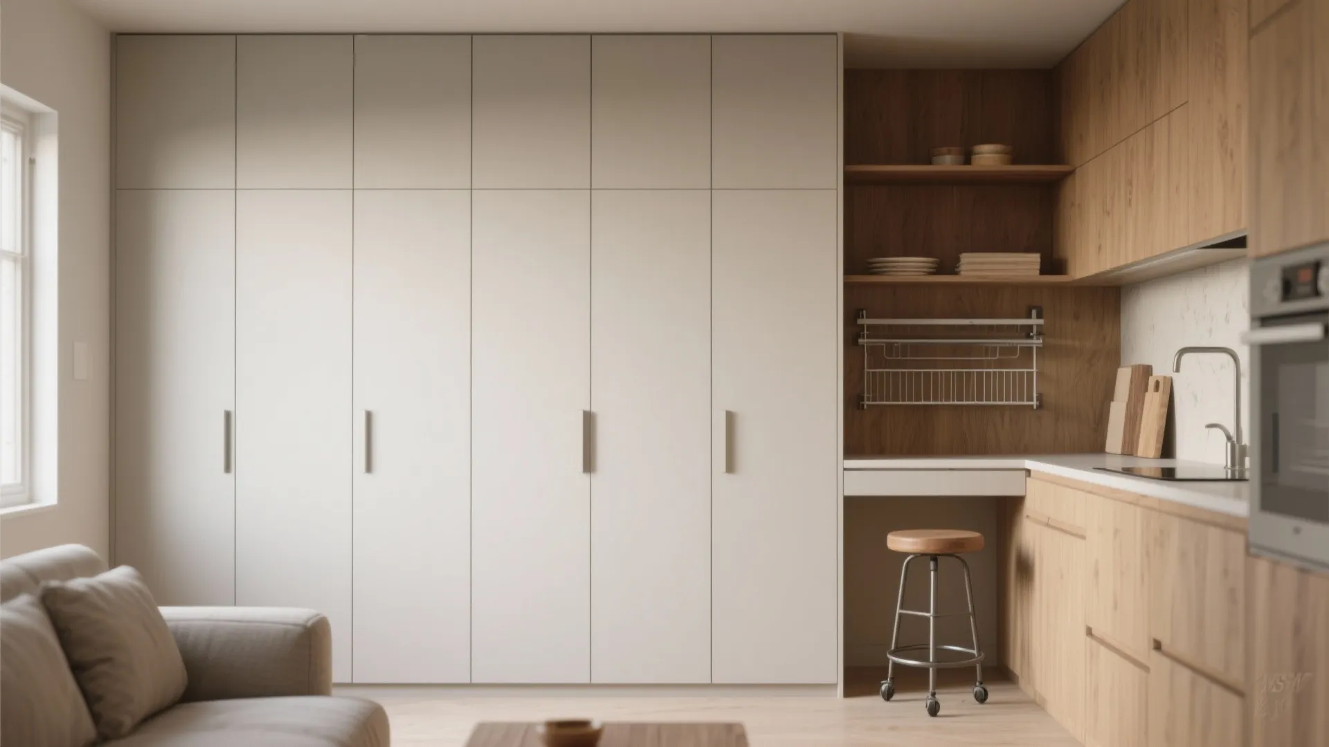Modern room featuring large white wall cabinets wooden desk area metal stool and grey sofa