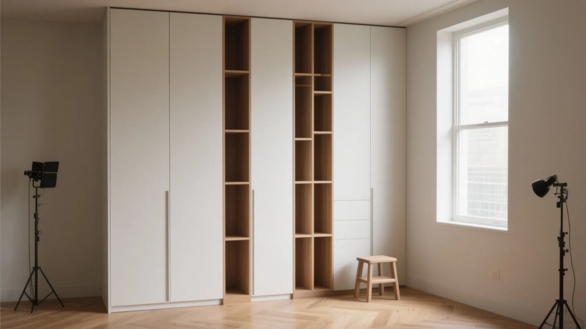 Modern white floor to ceiling wardrobe with wooden shelves small stool window and wooden floor