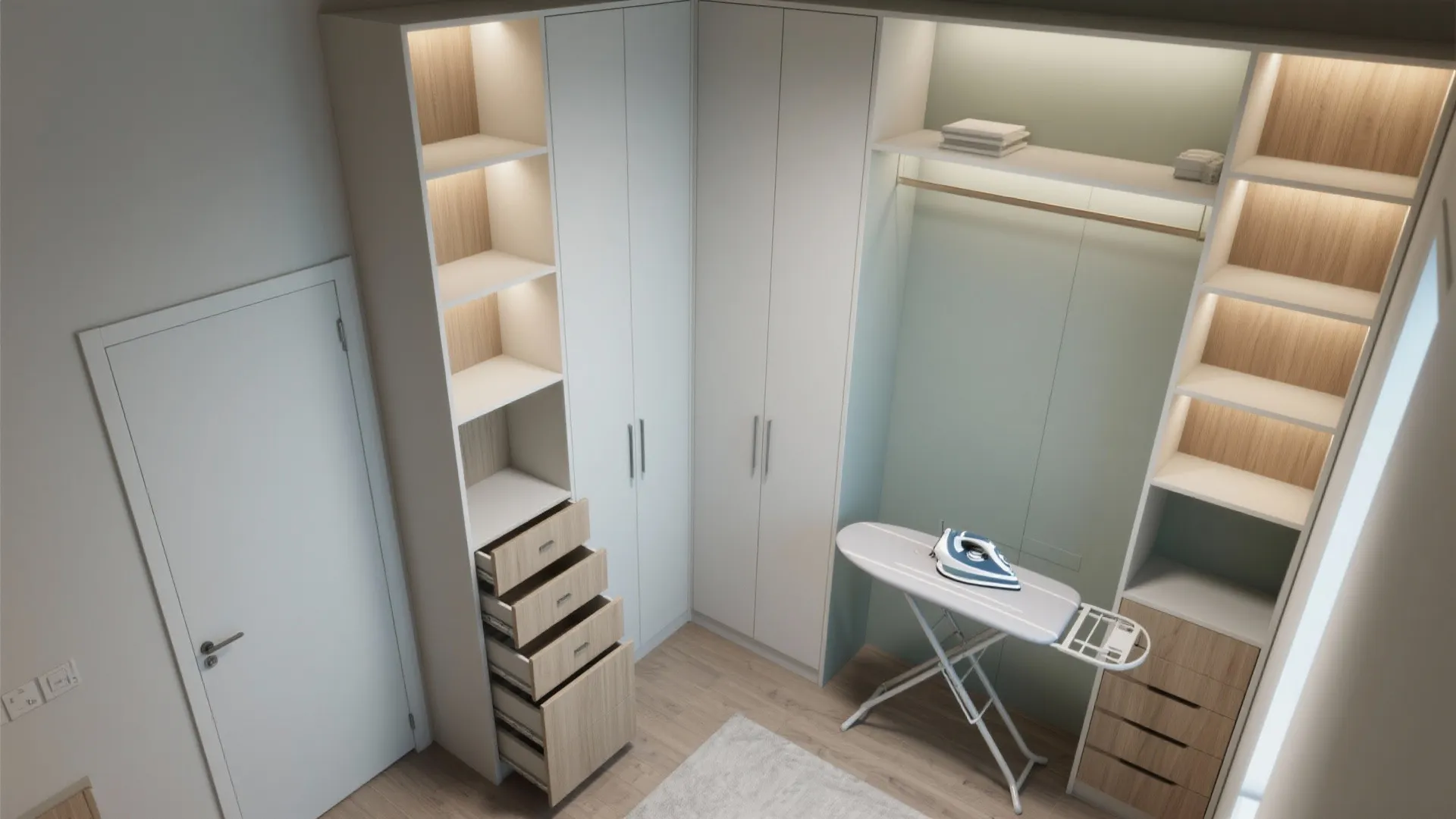 Modern laundry room with tall white cabinets wood drawers ironing board and open shelving unit design