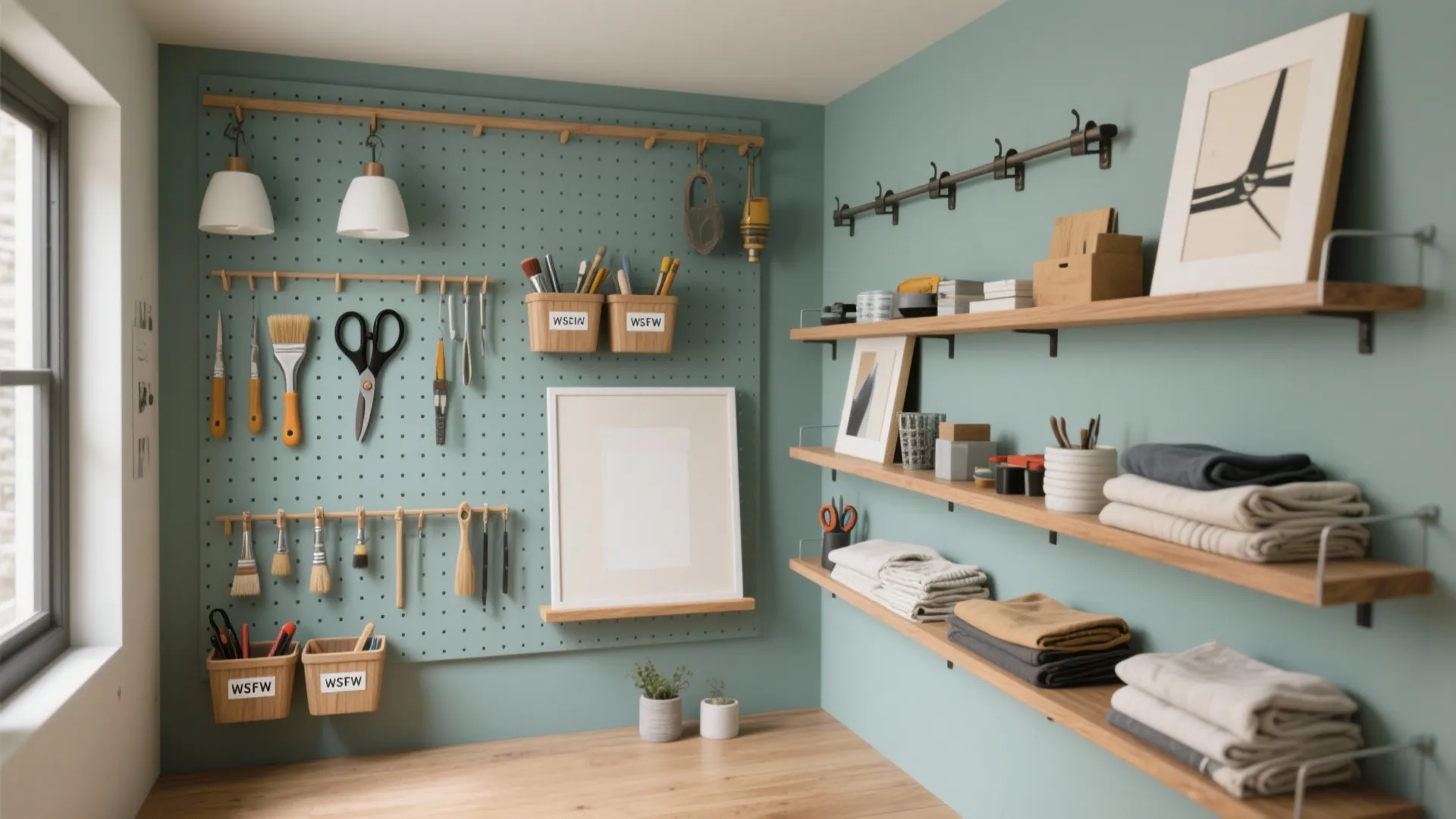 2. Go vertical: pegboards, rails and floating shelves