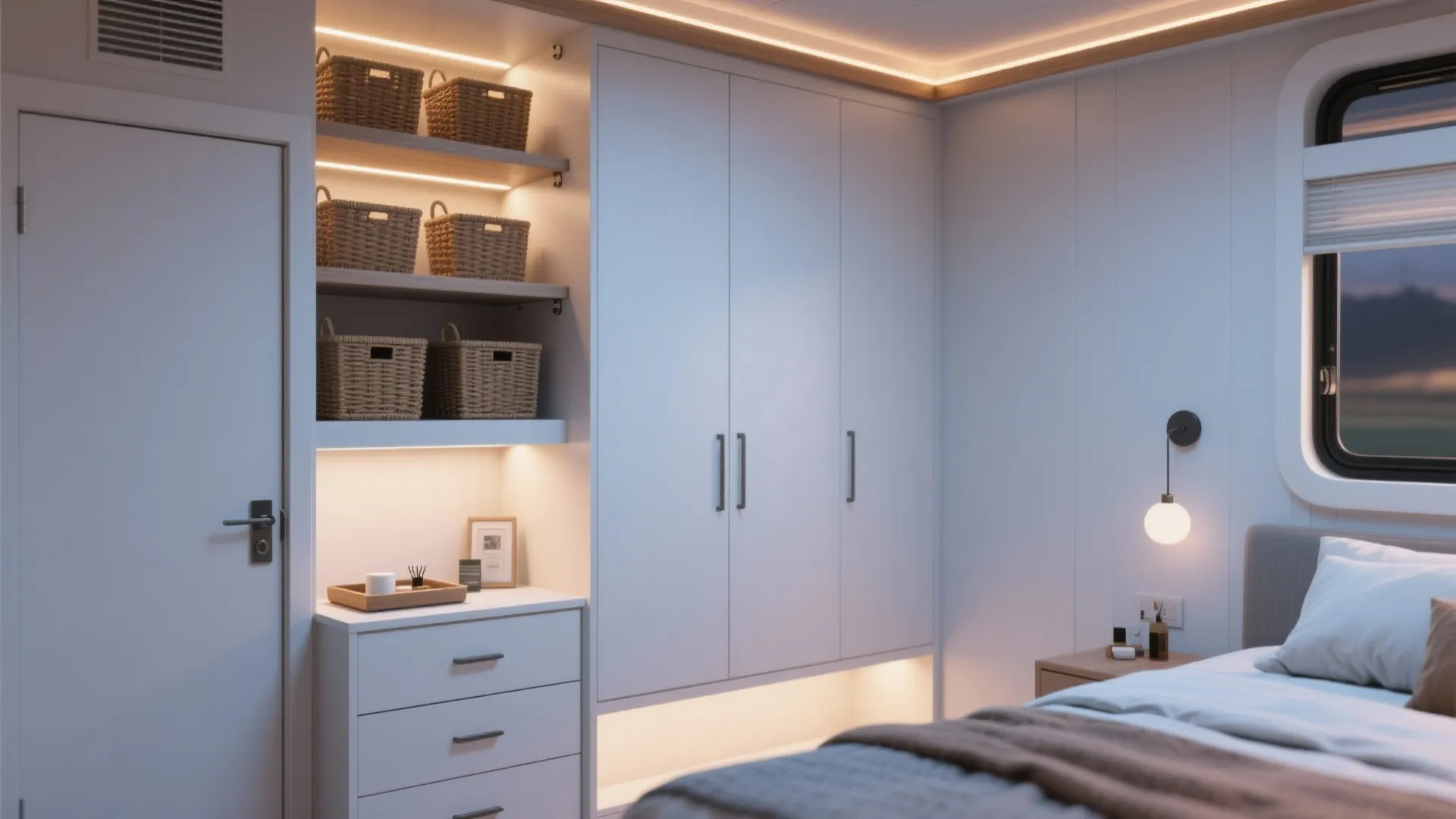 Modern bedroom featuring a white cabinet with woven baskets on shelves and warm integrated lighting