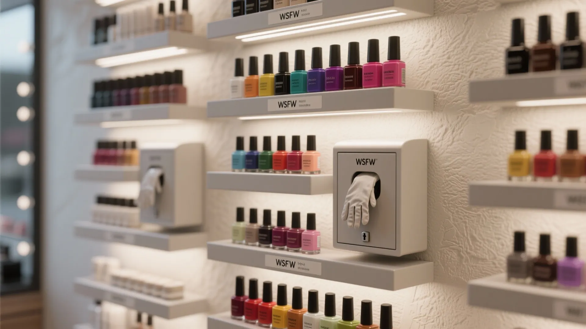 Retail wall shelving system displaying multiple rows of colorful nail polish bottles under bright lights