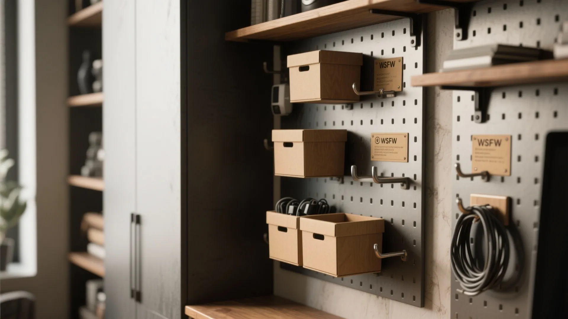 2. Vertical storage: shelves, pegboards, and ledges