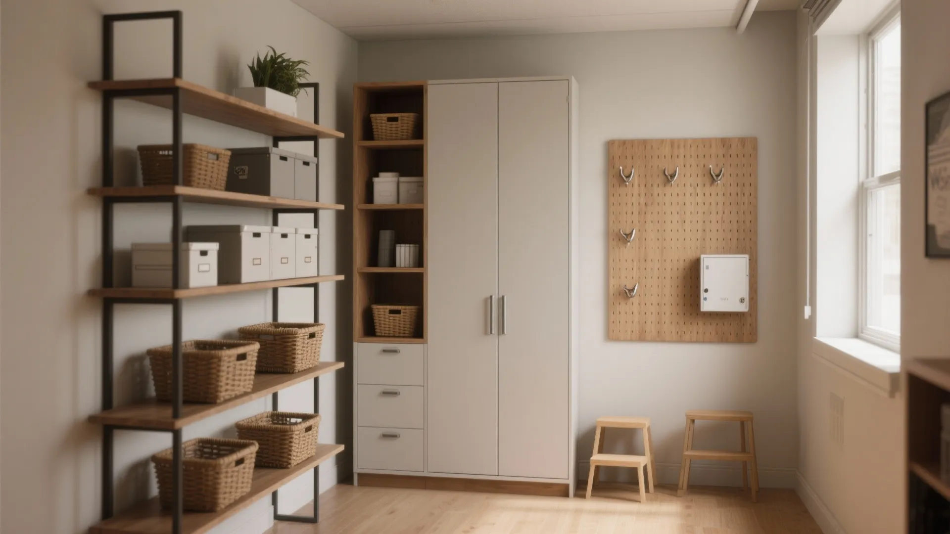 Tall freestanding shelving and slim wall cabinets in a small office, maximizing vertical storage and freeing floor space.