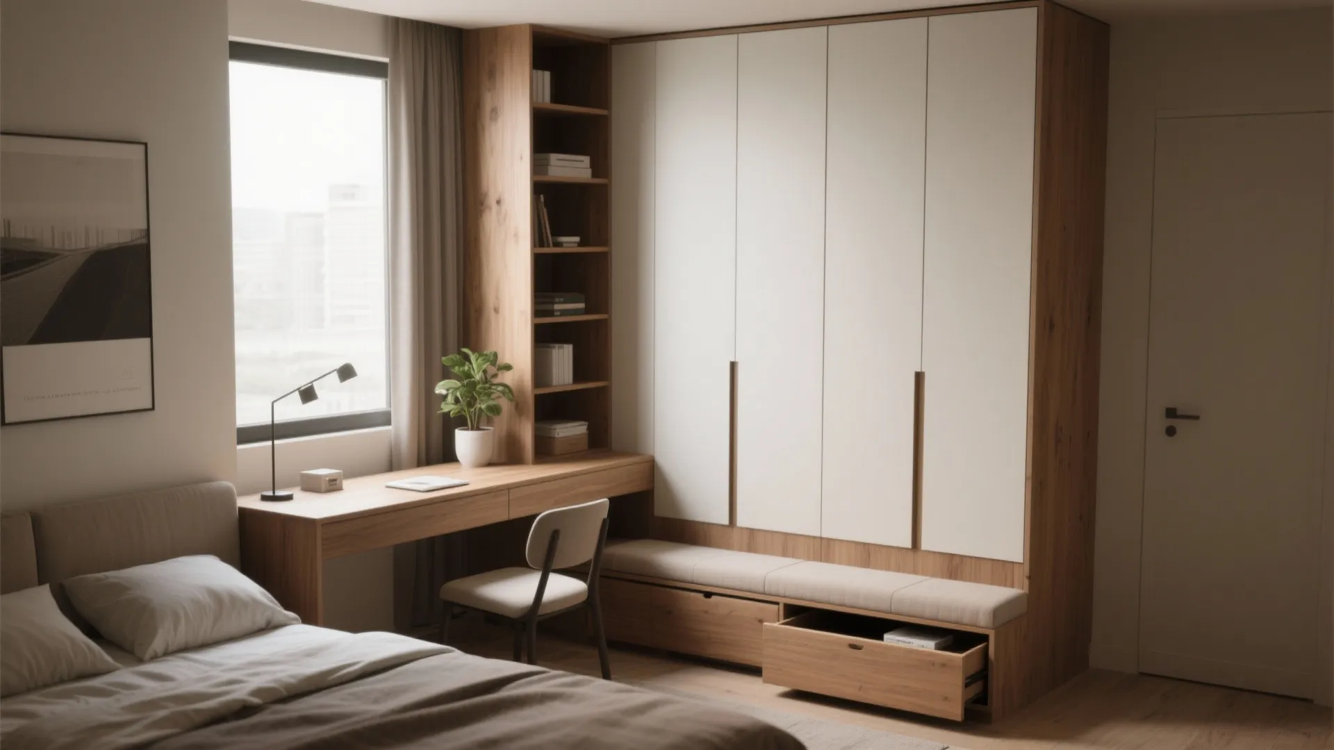 Compact bedroom using a slim desk as a nightstand, bench with storage, and tall vertical shelving to save floor space.